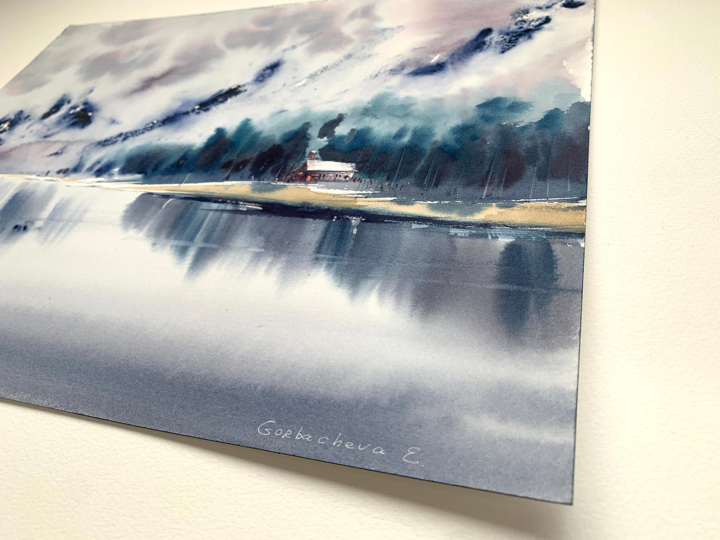 Winter Landscape Watercolor Painting, Lake house #2 12x16