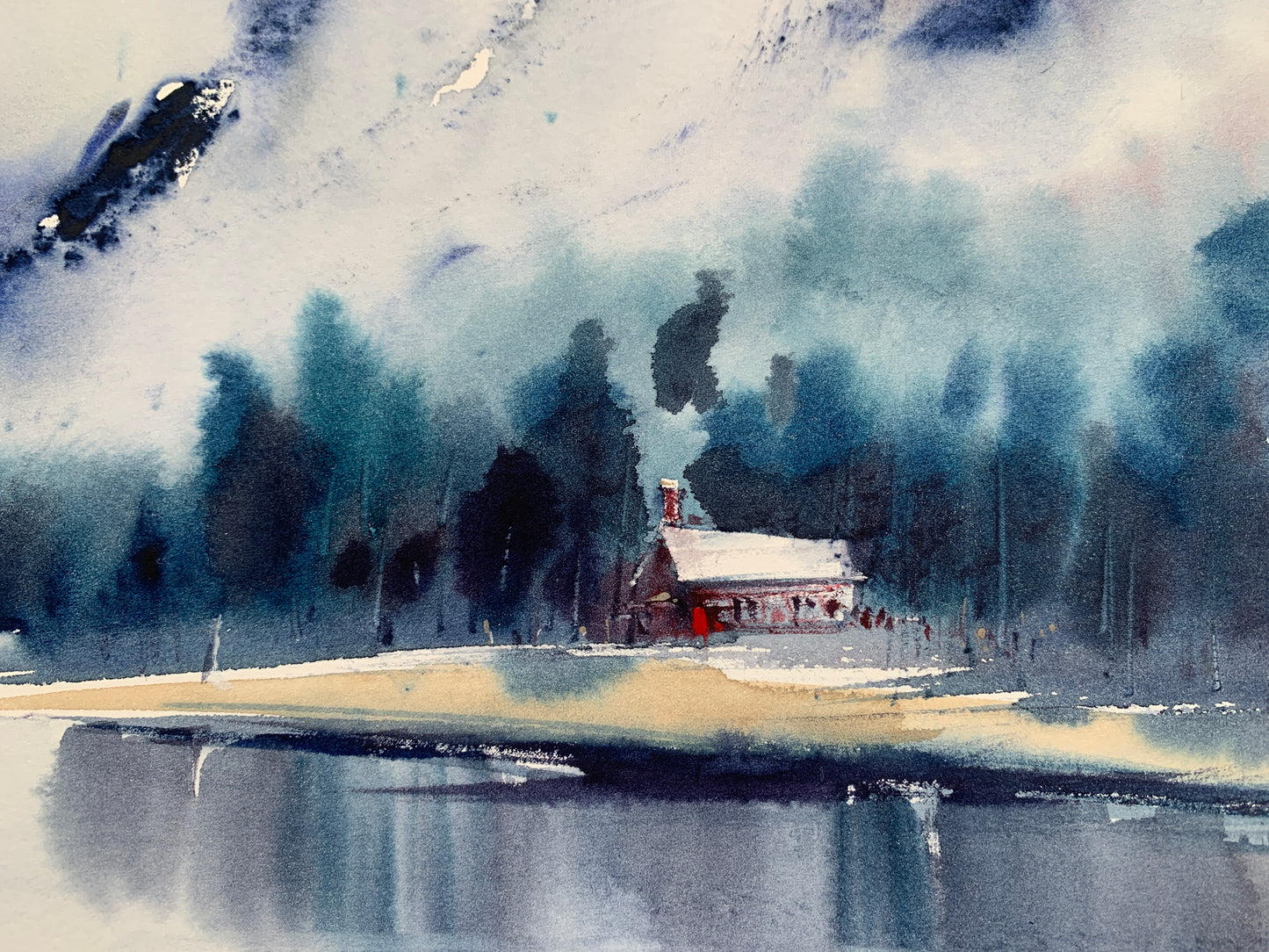 Winter Landscape Watercolor Painting, Lake house #2 12x16