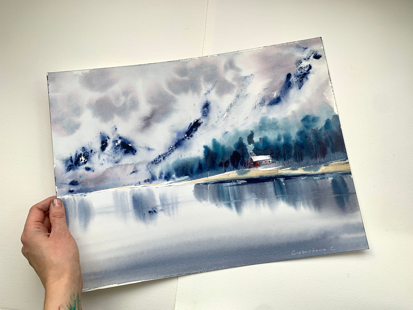 Winter Landscape Watercolor Painting, Lake house #2 12x16