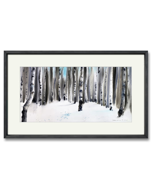 Panorama Birch Forest Art Print, Landscape Panoramic Painting, Winter Snow Nature Art, House Wall Decoration, White, Grey, Turquoise