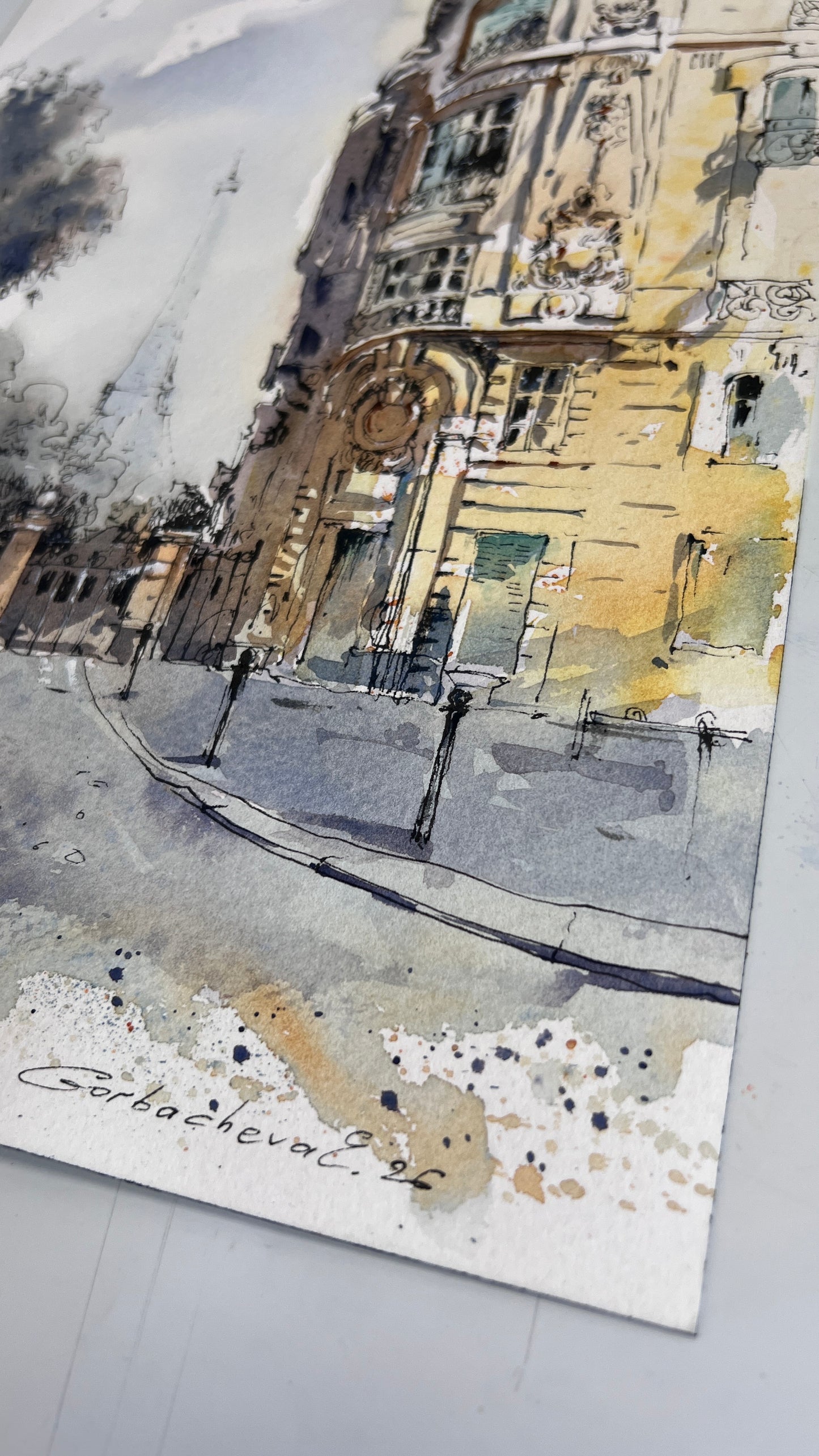Paris Watercolor Painting, Eiffel Tower Wall Art, Quiet Paris Light 9x12
