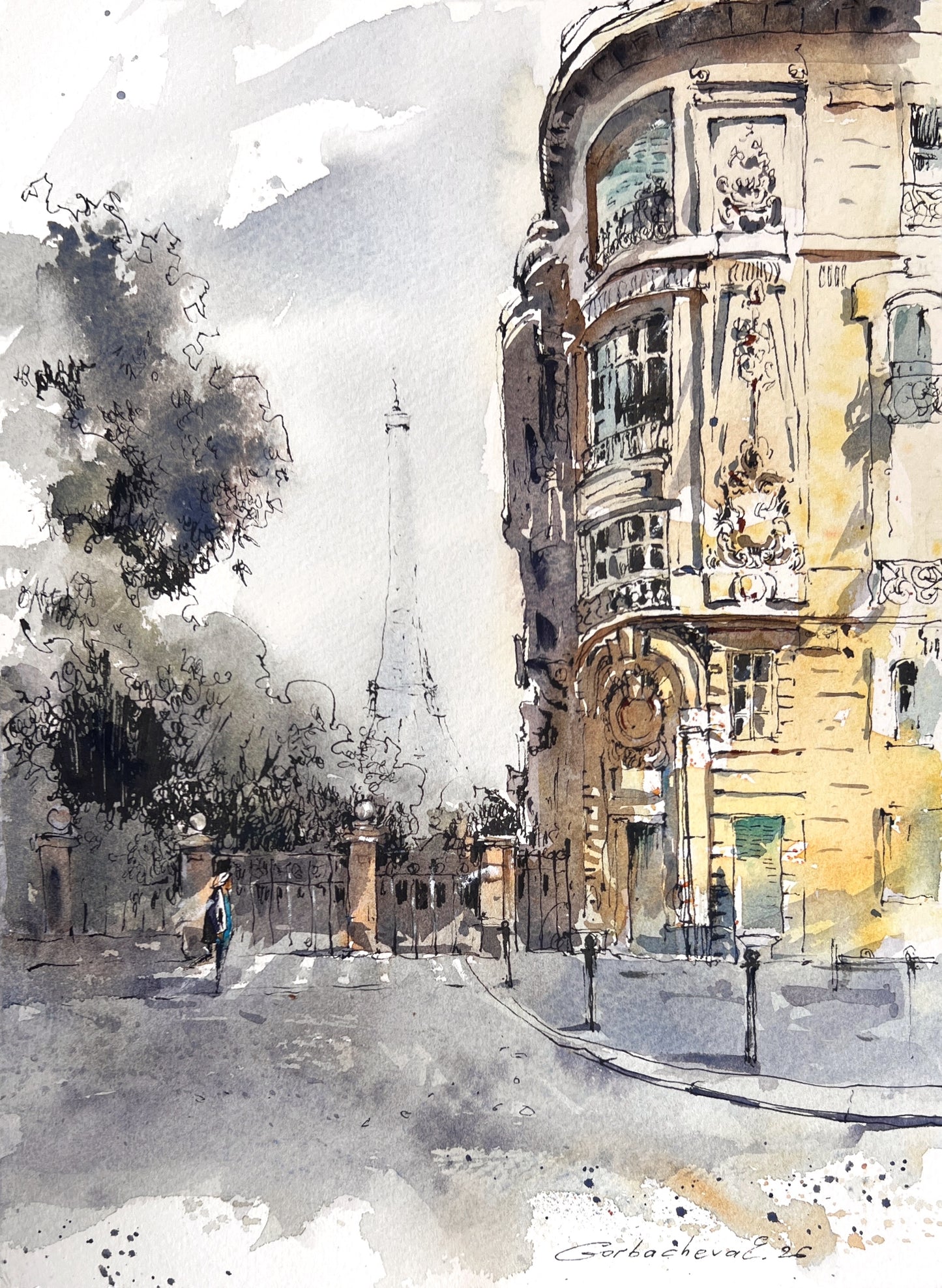 Paris Watercolor Painting, Eiffel Tower Wall Art, Quiet Paris Light 9x12