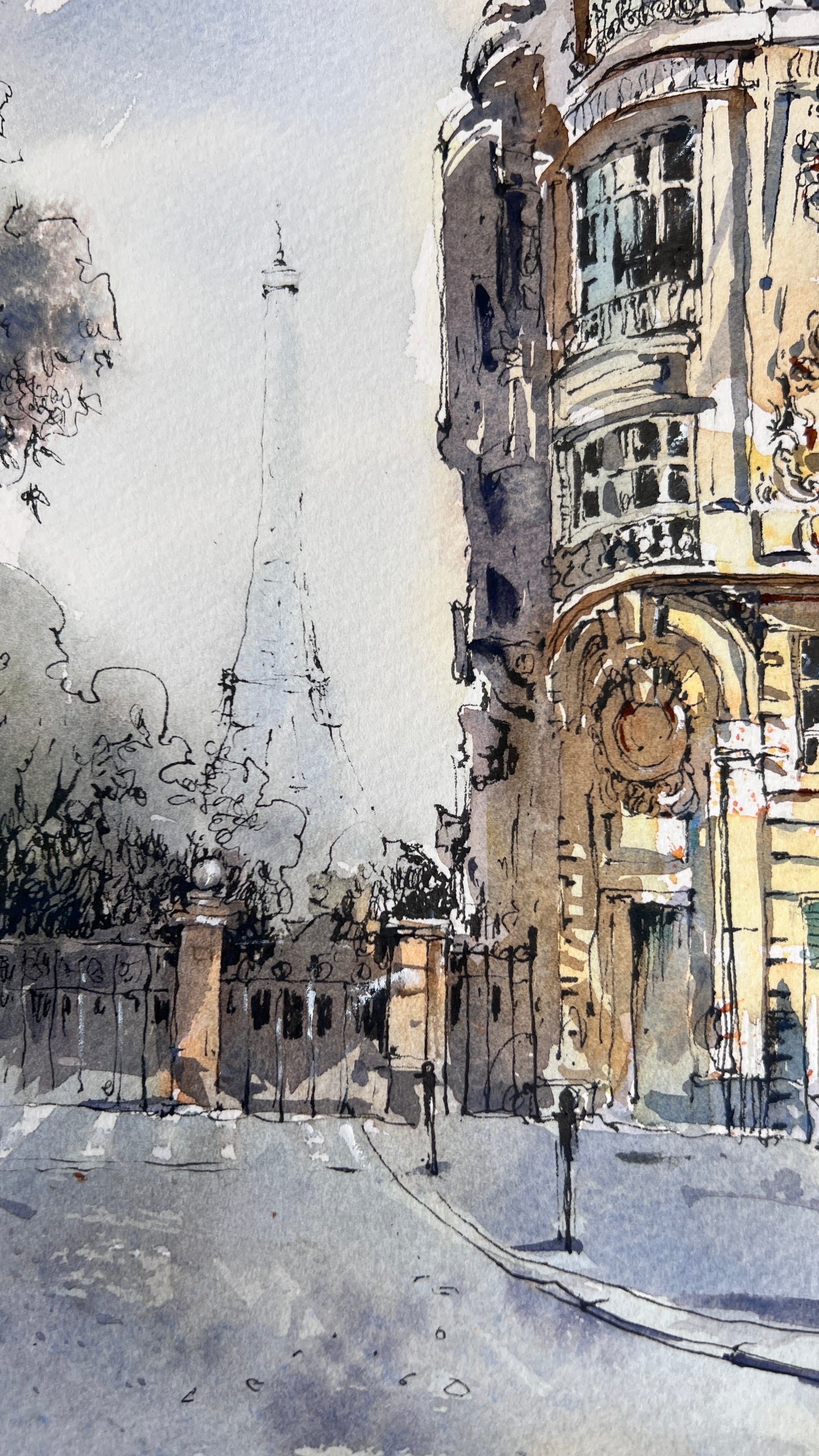 Paris Watercolor Painting, Eiffel Tower Wall Art, Quiet Paris Light 9x12