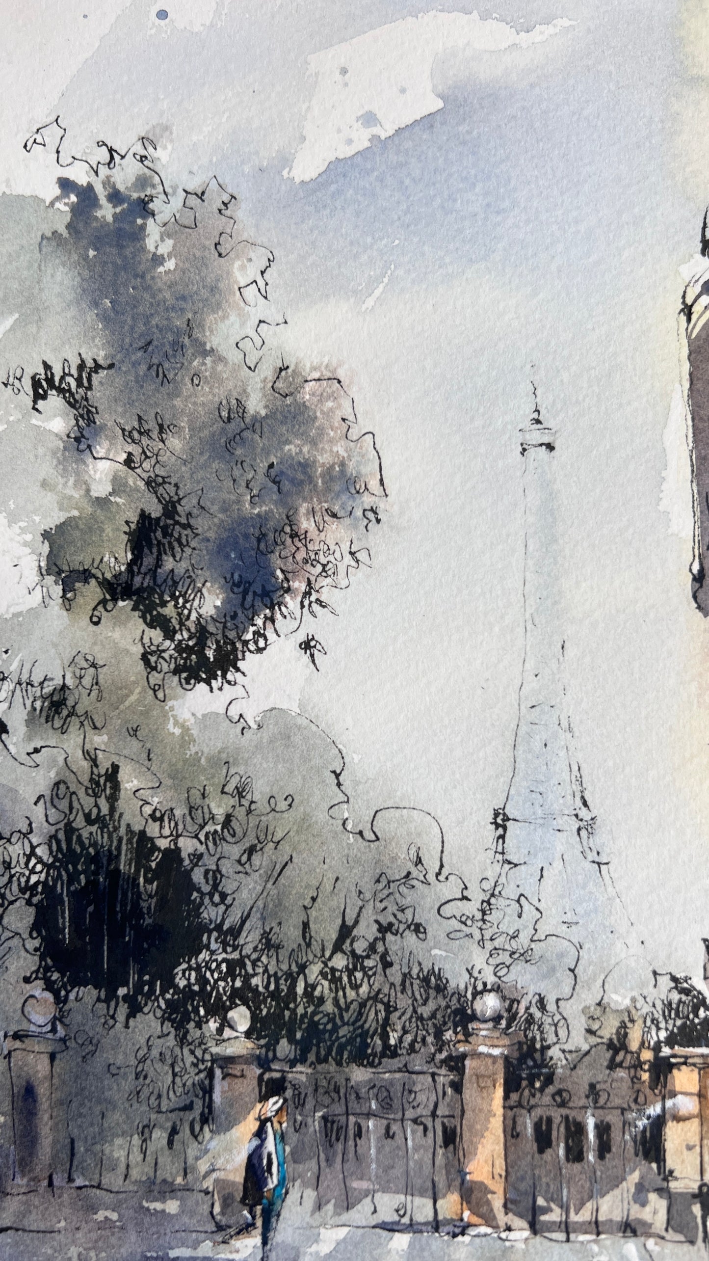 Paris Watercolor Painting, Eiffel Tower Wall Art, Quiet Paris Light 9x12