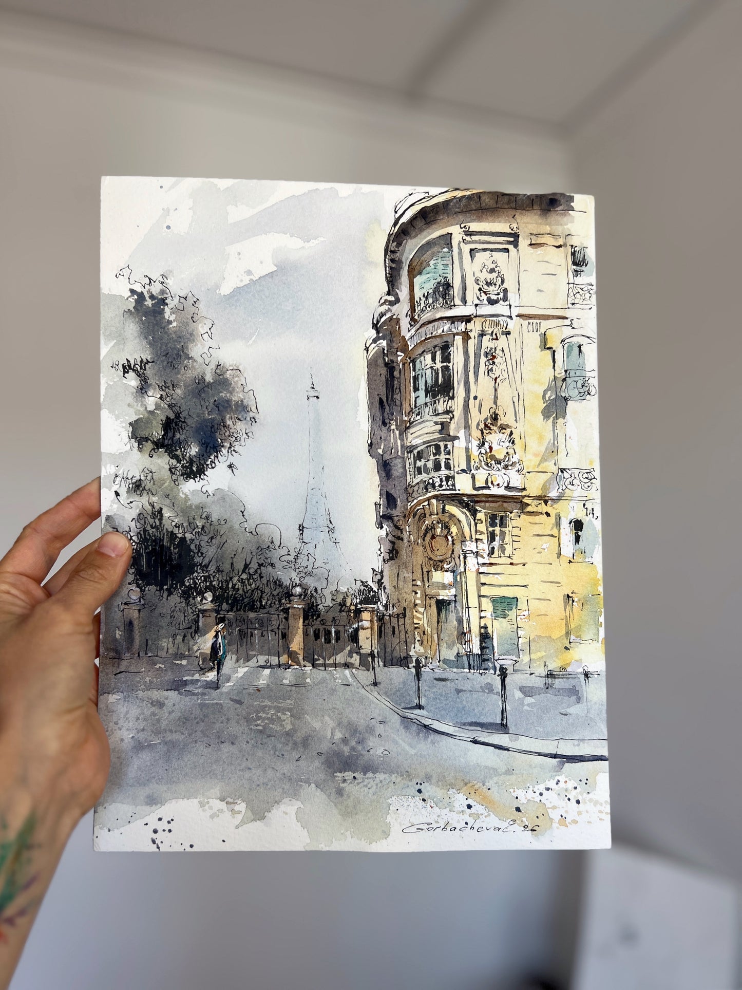 Paris Watercolor Painting, Eiffel Tower Wall Art, Quiet Paris Light 9x12