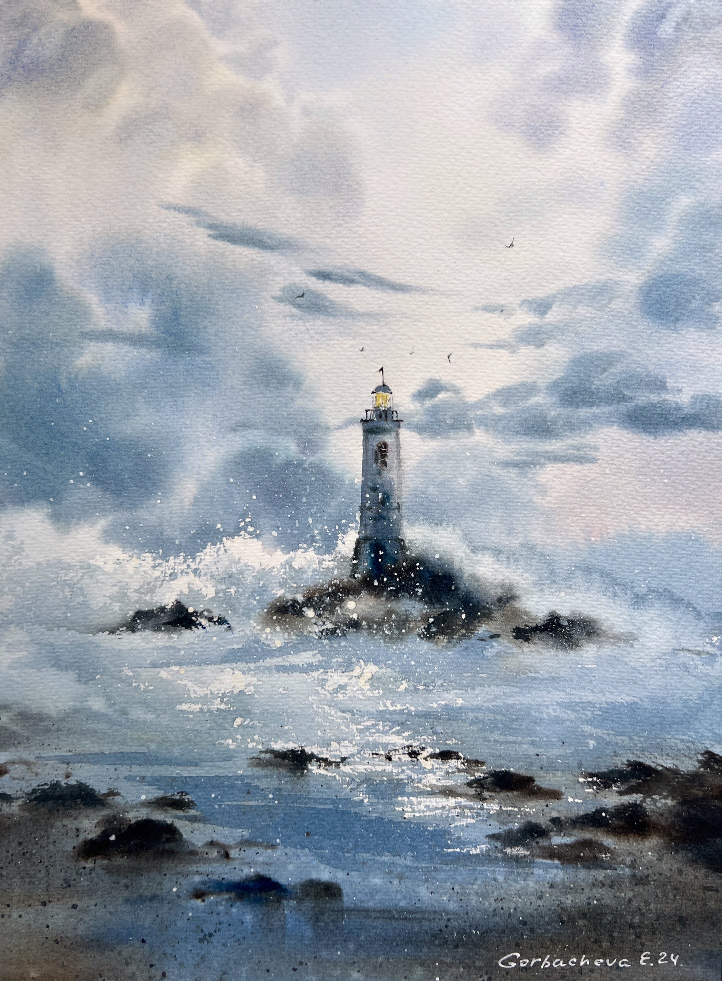 Nautical Watercolor Art - 'Beacon of Hope' Lighthouse Painting in Stormy Weather