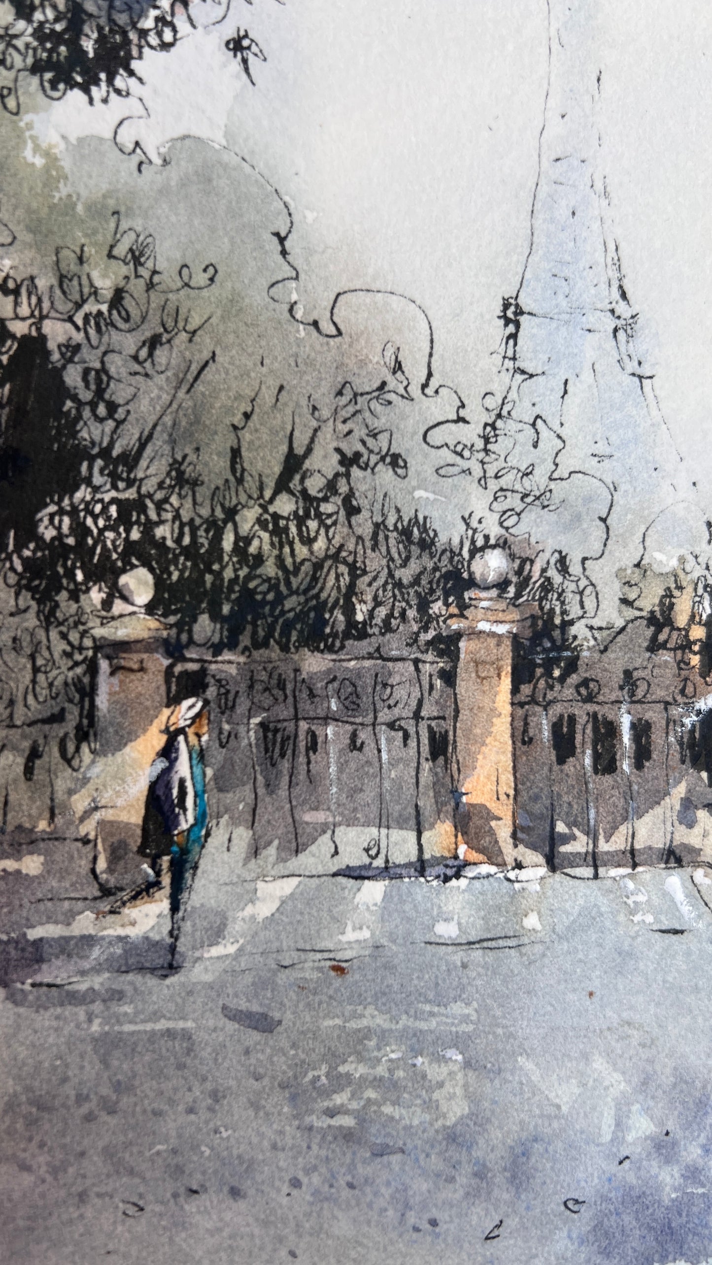 Paris Watercolor Painting, Eiffel Tower Wall Art, Quiet Paris Light 9x12