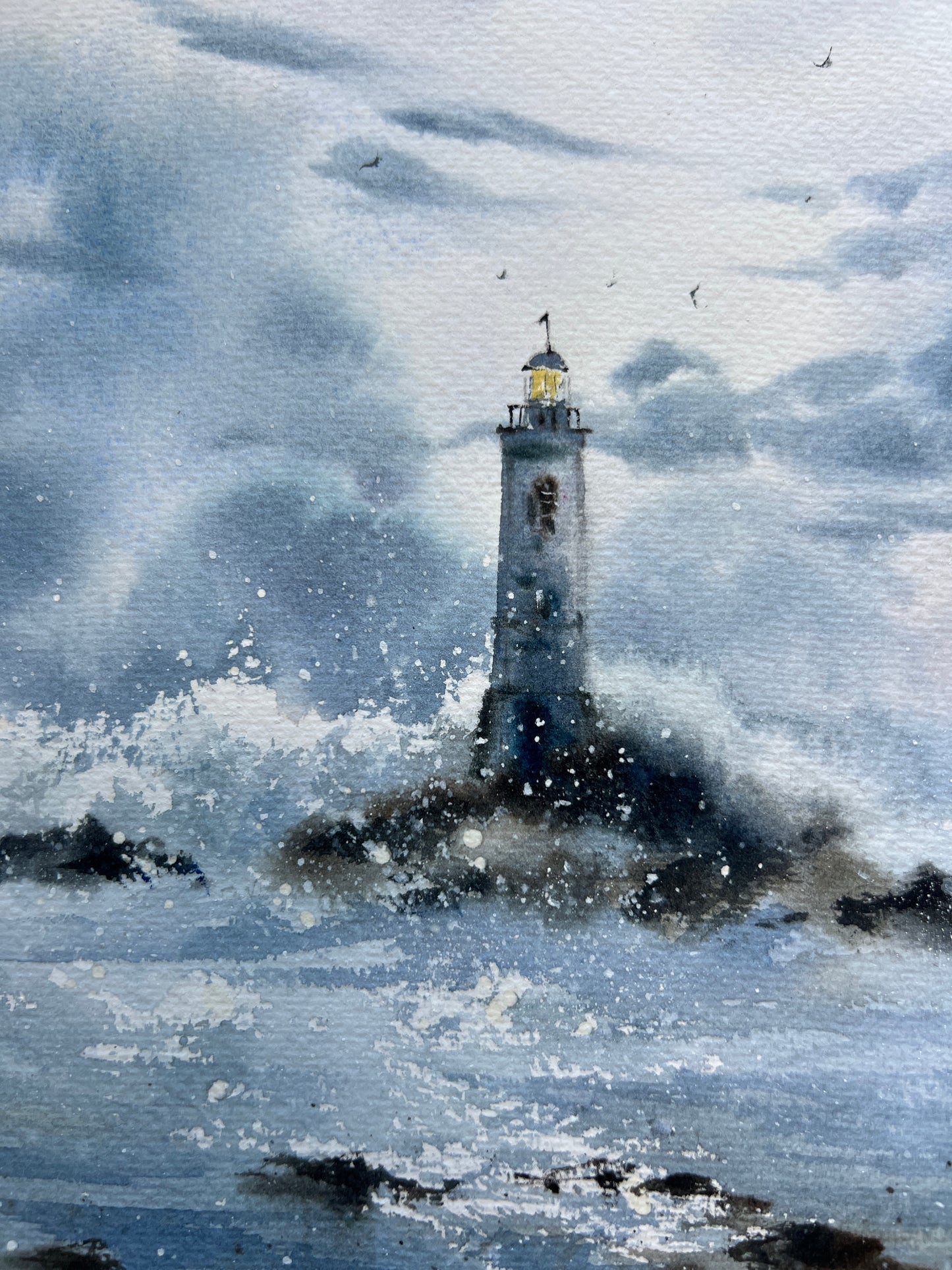 Nautical Watercolor Art - 'Beacon of Hope' Lighthouse Painting in Stormy Weather