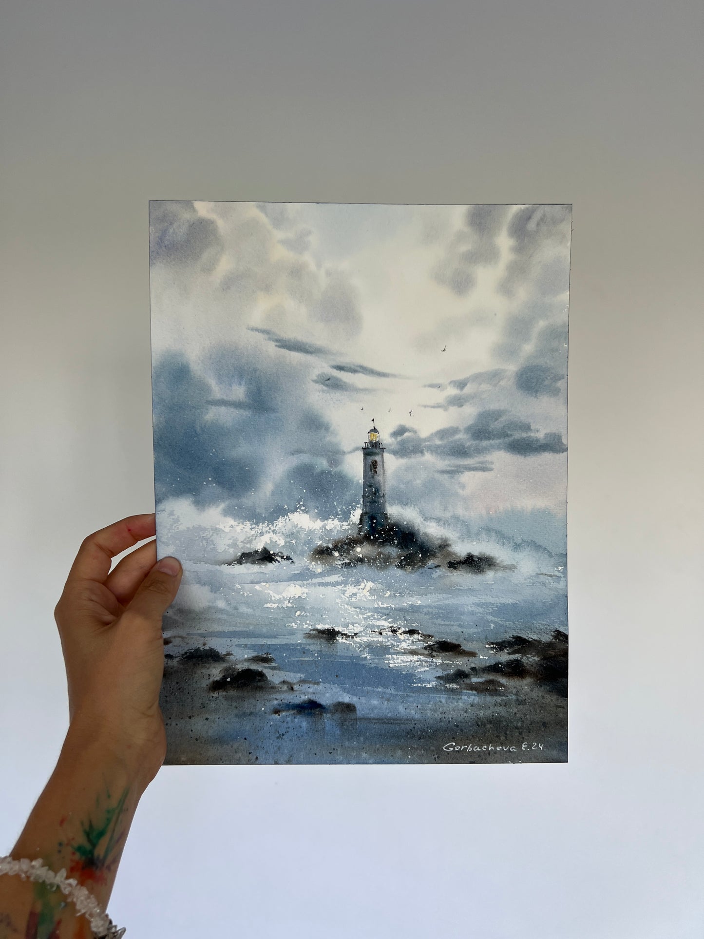 Nautical Watercolor Art - 'Beacon of Hope' Lighthouse Painting in Stormy Weather