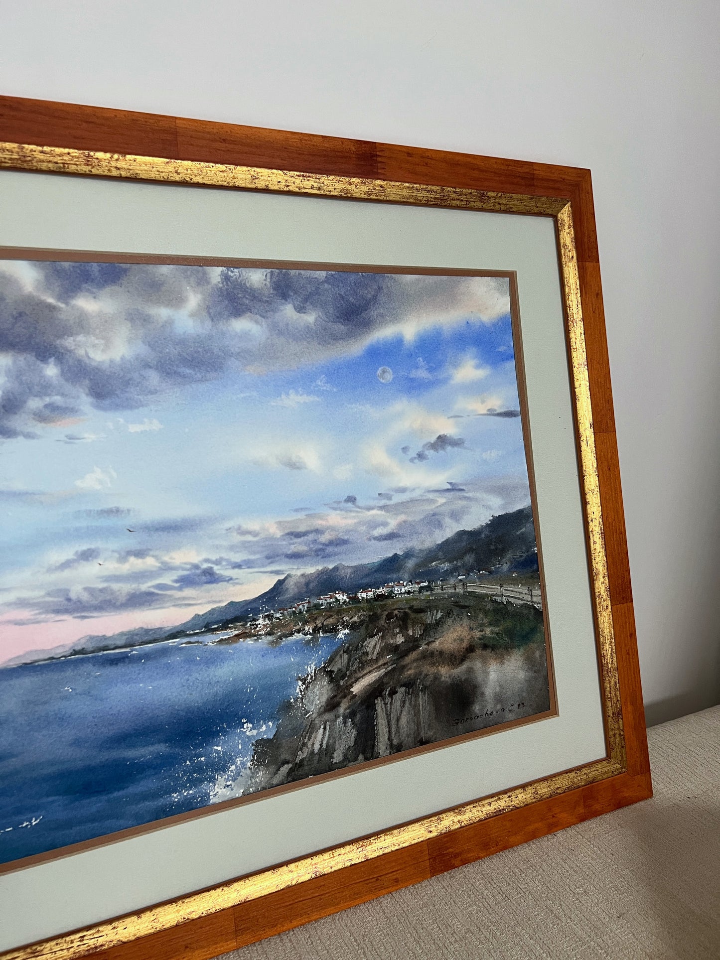 Cyprus Coast Watercolor Original Painting, Sea coast of Cyprus Clouds #3 12x16