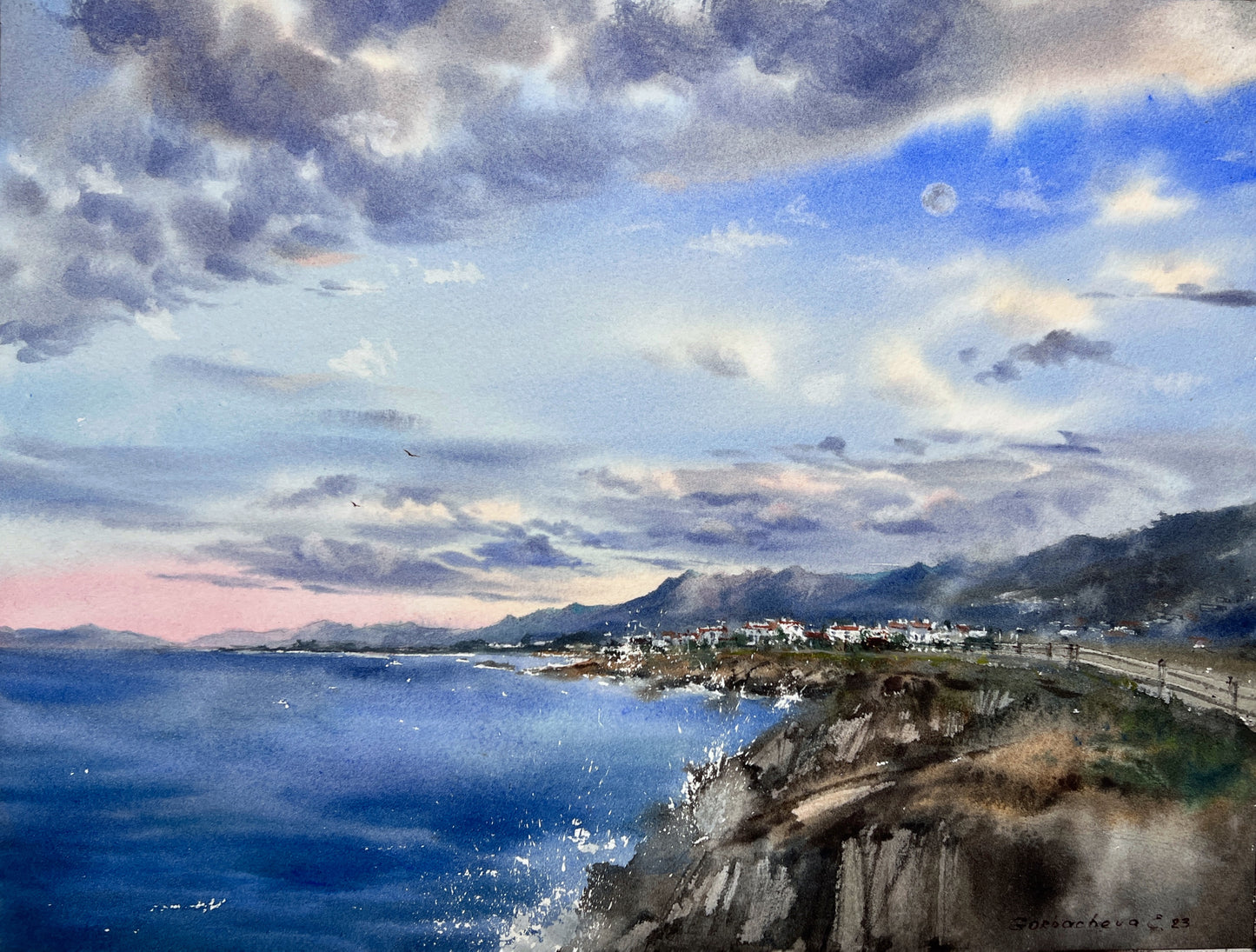 Cyprus Coast Watercolor Original Painting, Sea coast of Cyprus Clouds #3 12x16