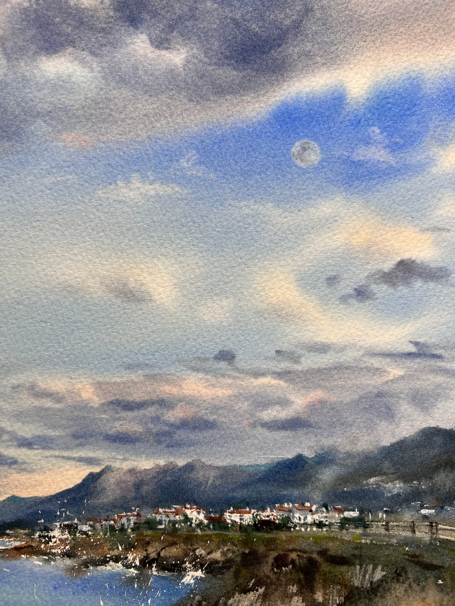 Cyprus Coast Watercolor Original Painting, Sea coast of Cyprus Clouds #3 12x16