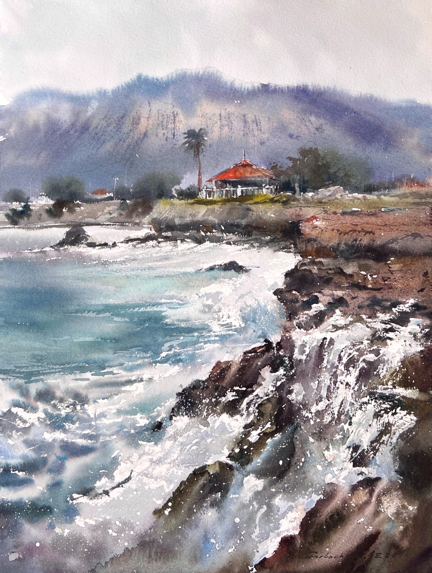 Cyprus Watercolor Painting, Coastal Seascape Art, House on the coast of Cyprus #2 12x16