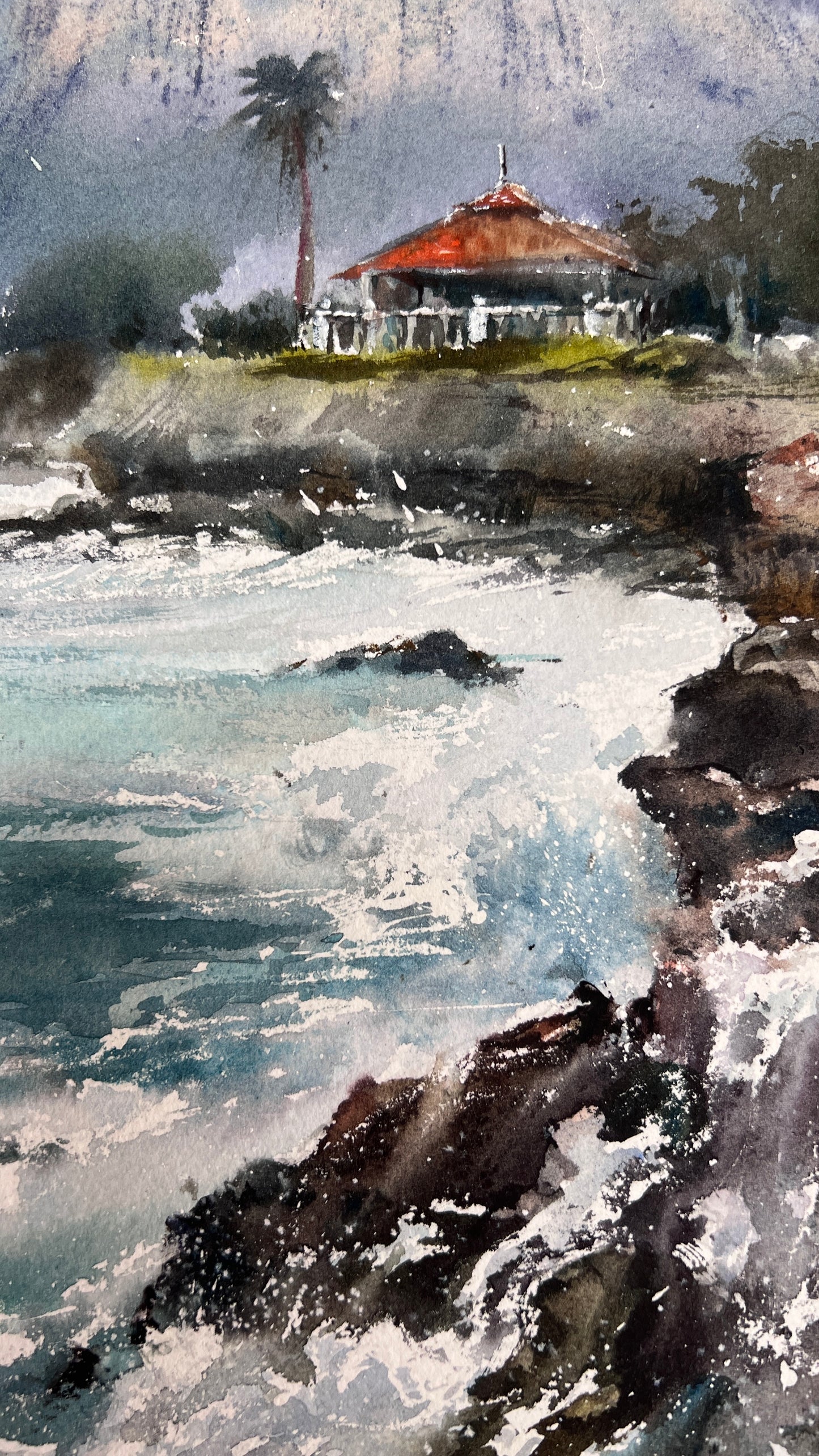 Cyprus Watercolor Painting, Coastal Seascape Art, House on the coast of Cyprus #2 12x16