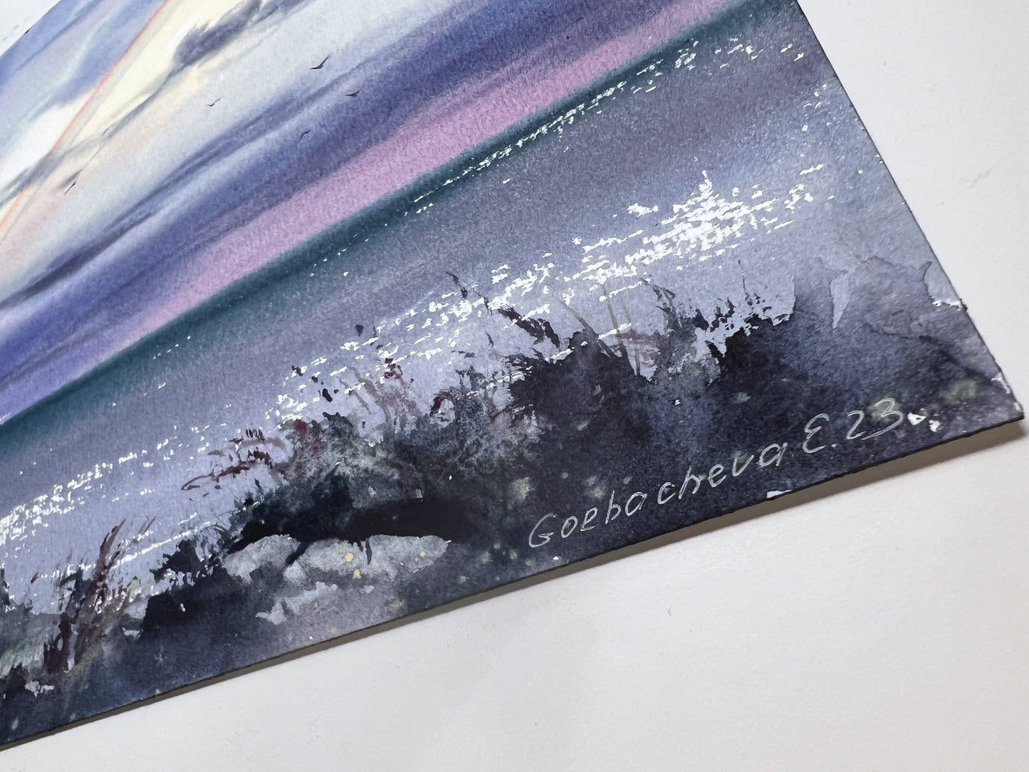 Rainbow Cloud Sky Seascape Watercolor Painting, Original Artwork, Blue Sea, Purple Art, Coastal Wall Decor, Gift