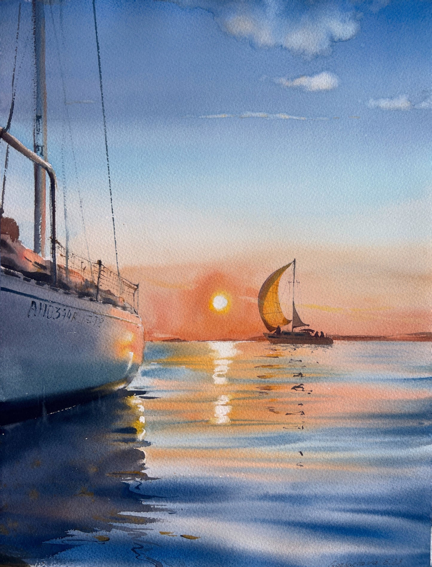 Original Seascape Watercolor Painting, Yacht Art and Sunset - Perfect Coastal Room Wall Decor and Gift for Sea Lovers