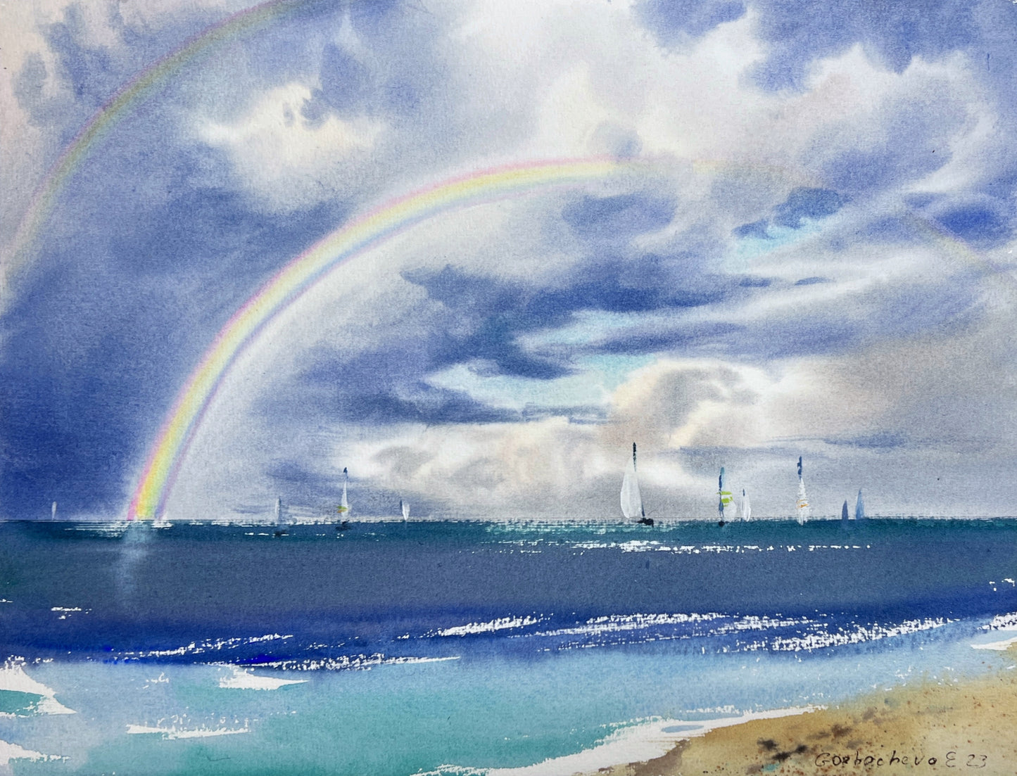 Rainbow Beach Painting Small, Watercolor Original Artwork, Blue Sea, Regatta Art, Coastal Wall Decoration, Gift
