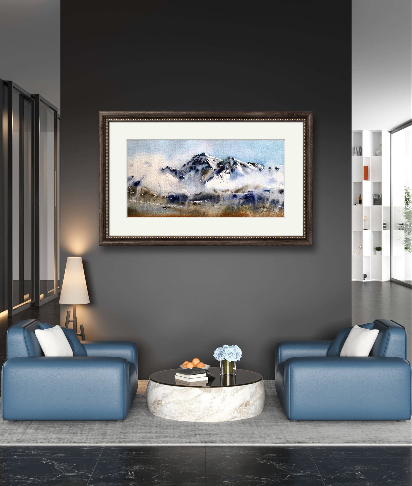 Mountain Panorama Print, Clouds Canvas Painting, Watercolor Panoramic Art, House Decoration, Above The Sofa Wall Decor