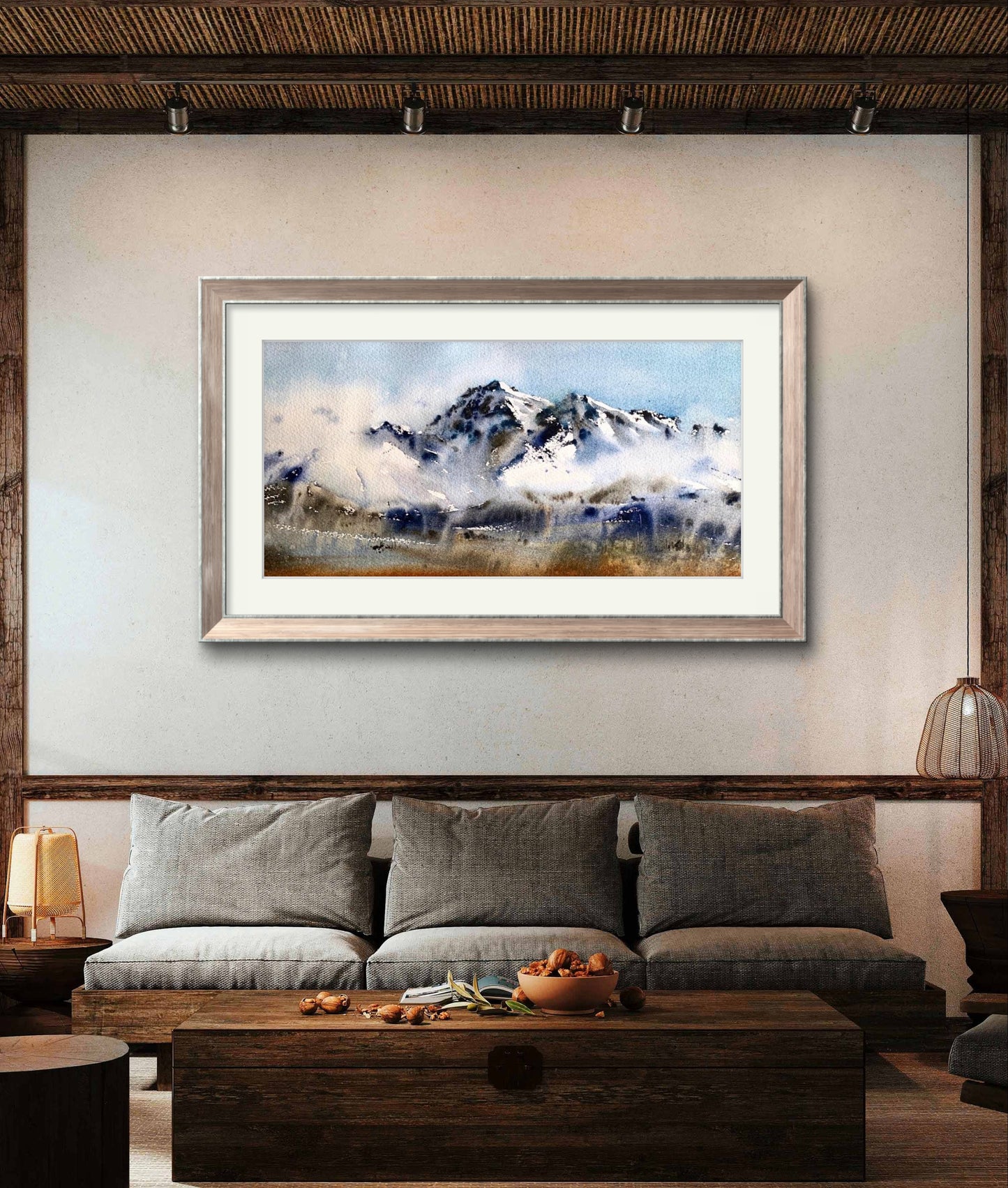 Mountain Panorama Print, Clouds Canvas Painting, Watercolor Panoramic Art, House Decoration, Above The Sofa Wall Decor