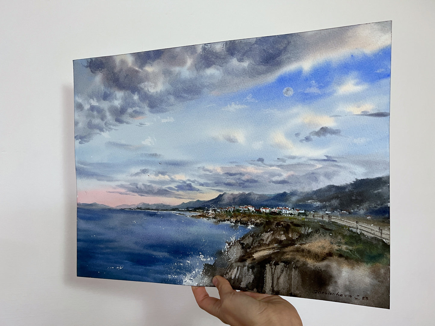 Cyprus Coast Watercolor Original Painting, Sea coast of Cyprus Clouds #3 12x16