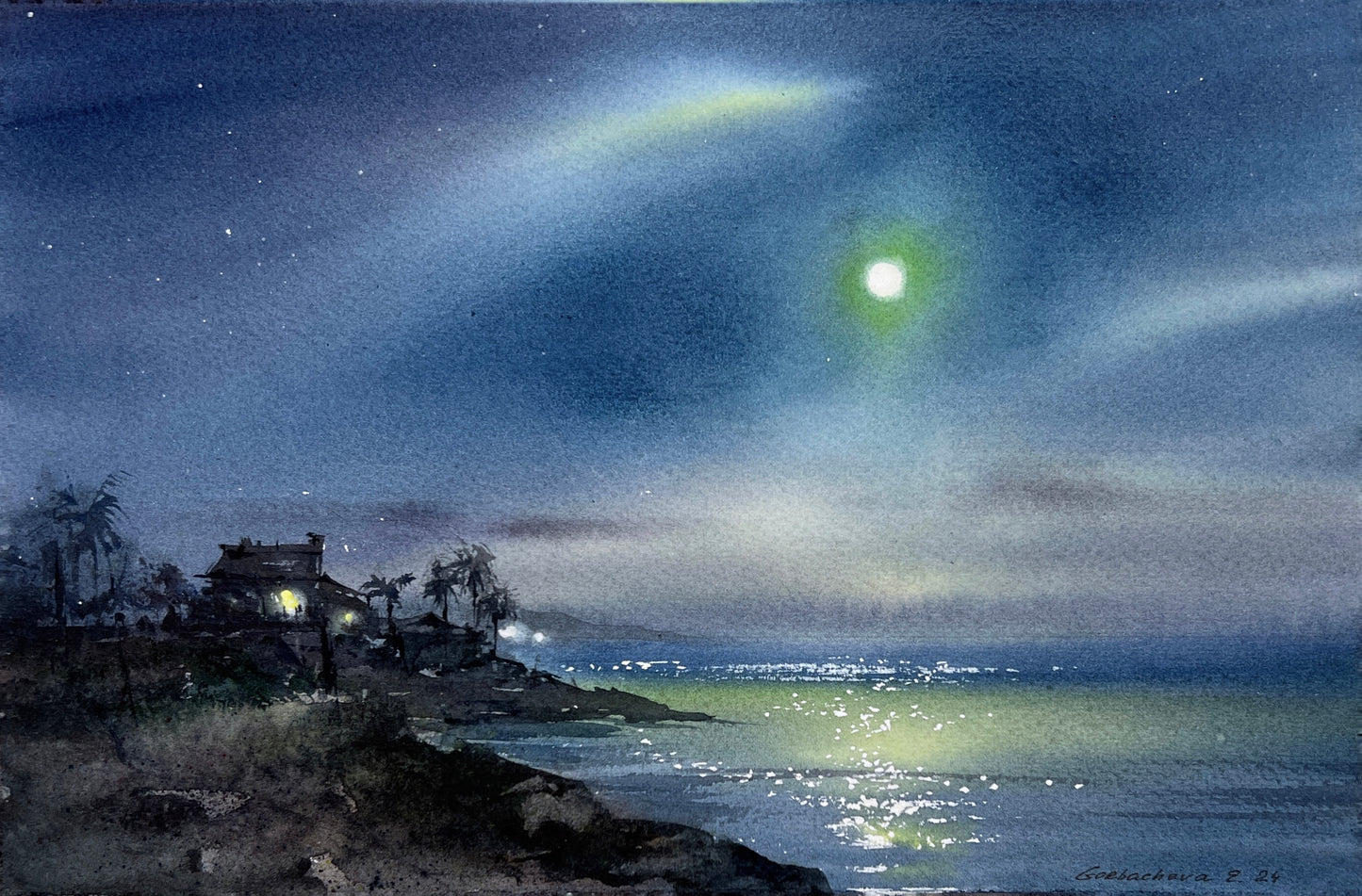 Watercolor Painting "In the Moonlight #11" - Moon Art Original, Celestial Night Sky 8x12, Ideal for Home Decor Gift