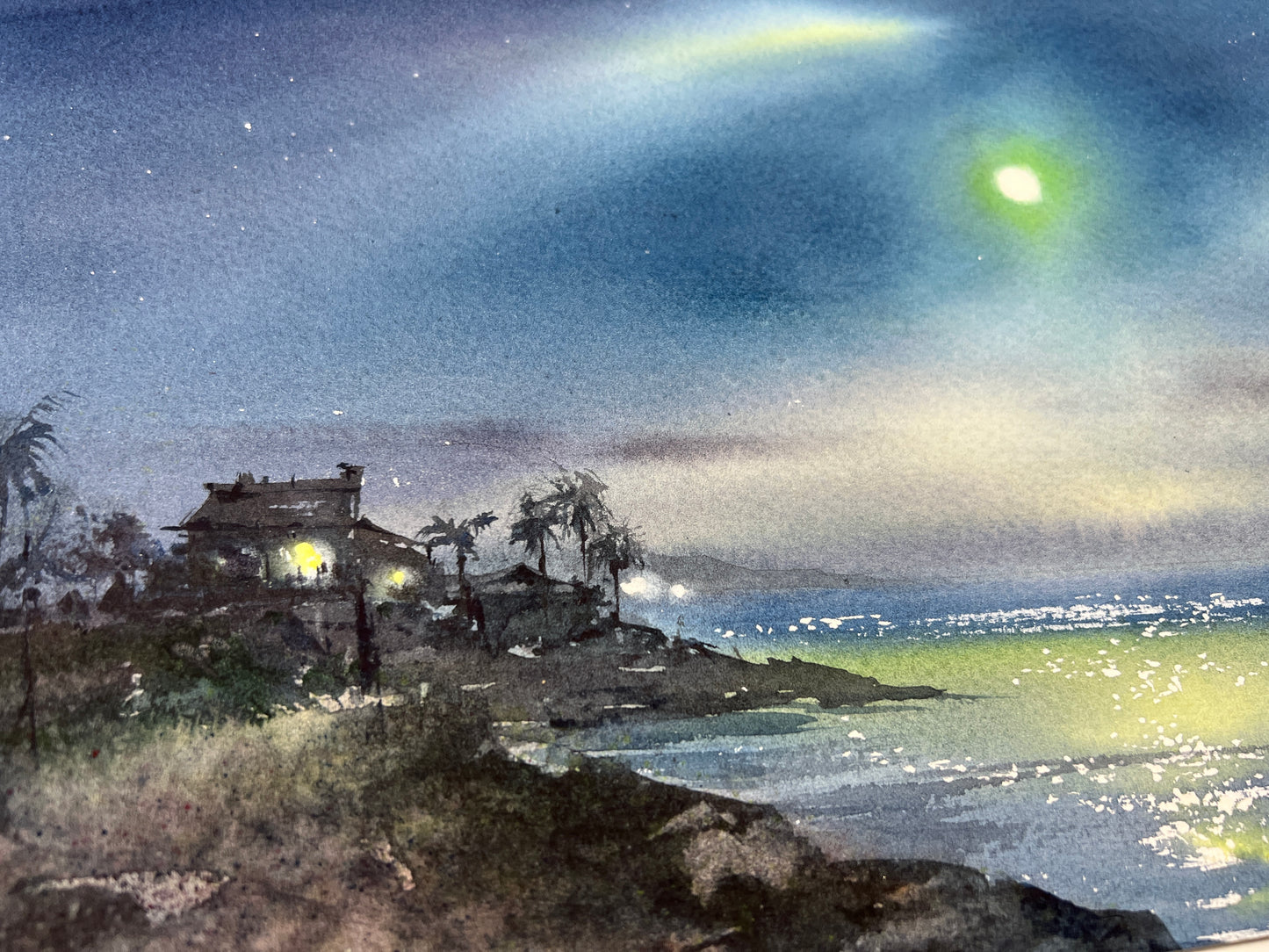 Watercolor Painting "In the Moonlight #11" - Moon Art Original, Celestial Night Sky 8x12, Ideal for Home Decor Gift