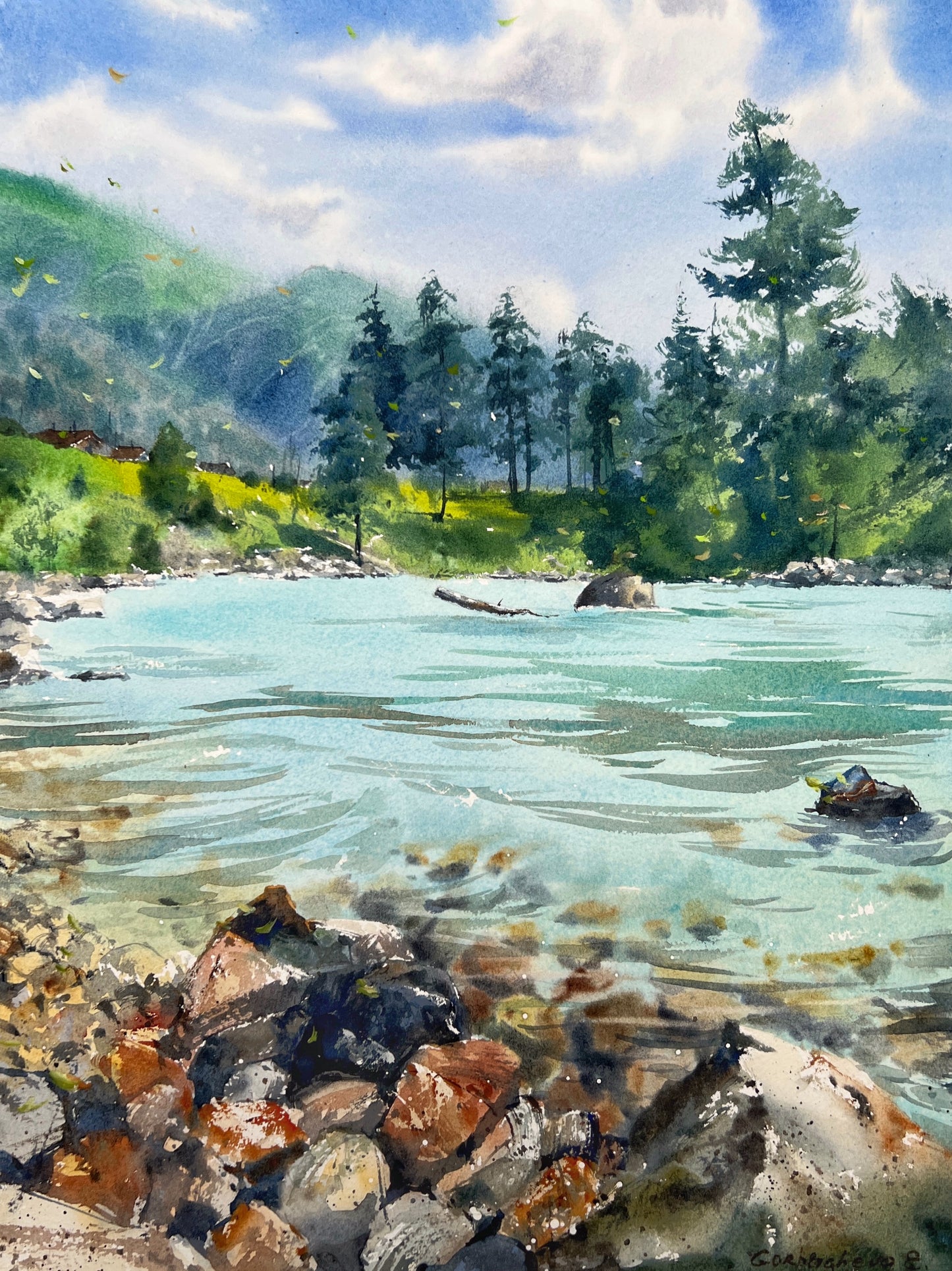 Contemporary Mountain River Painting | Original Watercolor - Arkhyz, Mountain river #2