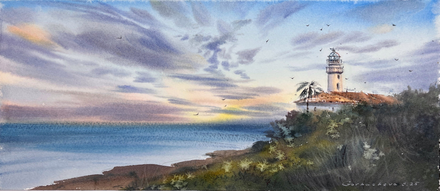 Coastal Lighthouse Watercolor Painting, Sunset Seascape Wall Art, Lighthouse at sunset #7, 6x15 in
