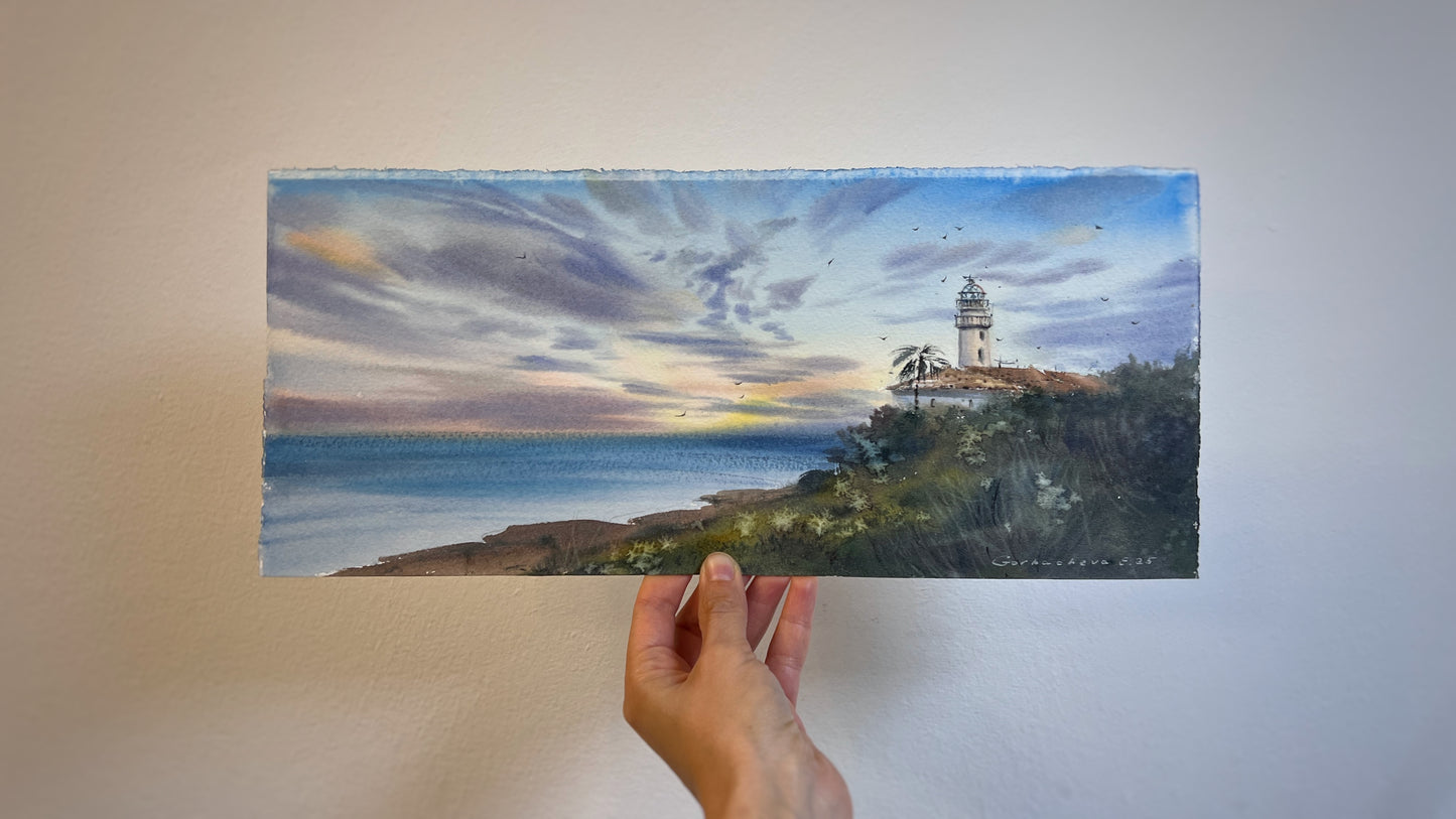 Coastal Lighthouse Watercolor Painting, Sunset Seascape Wall Art, Lighthouse at sunset #7, 6x15 in