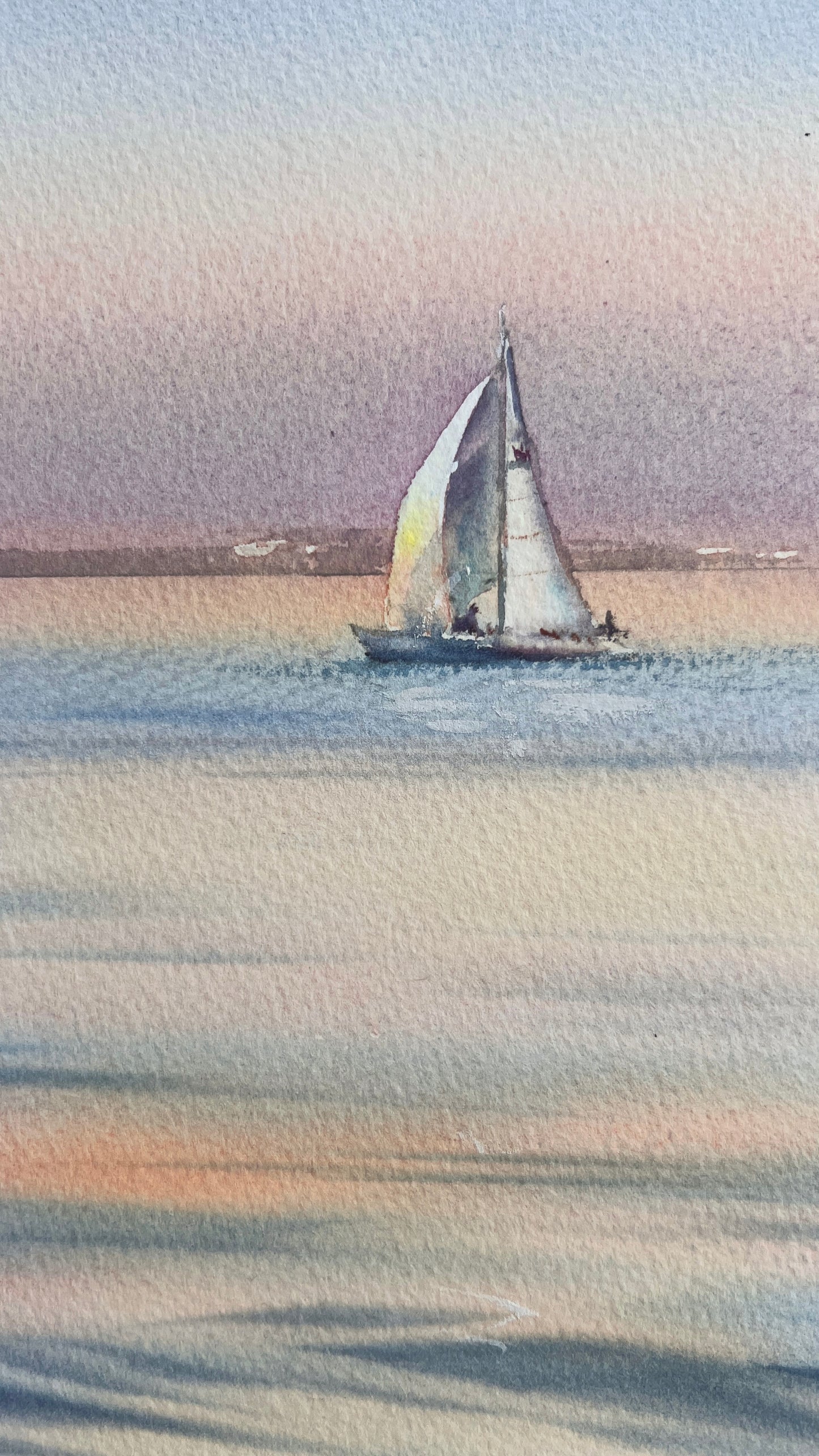 Pastel Sea Watercolor Painting, Sailboat at Sunset, Original Ocean Artwork, Sunset Yacht Song 12x16