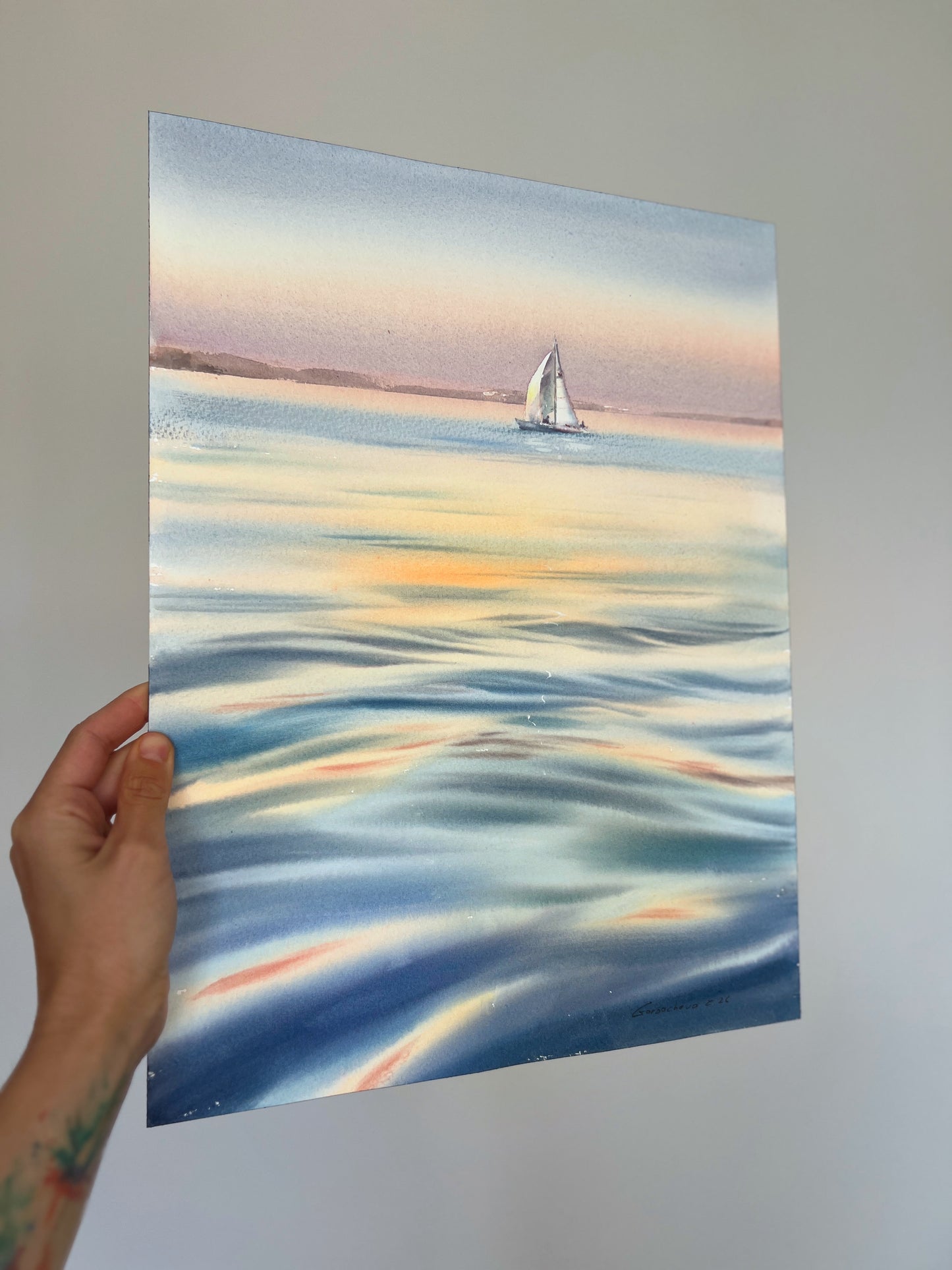 Pastel Sea Watercolor Painting, Sailboat at Sunset, Original Ocean Artwork, Sunset Yacht Song 12x16