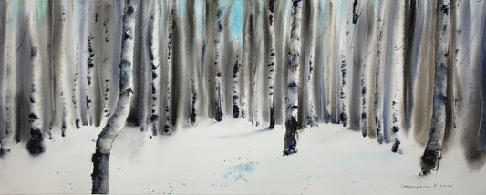 Forest Painting Original Watercolor - Birch Grove #4 - 12x29 in
