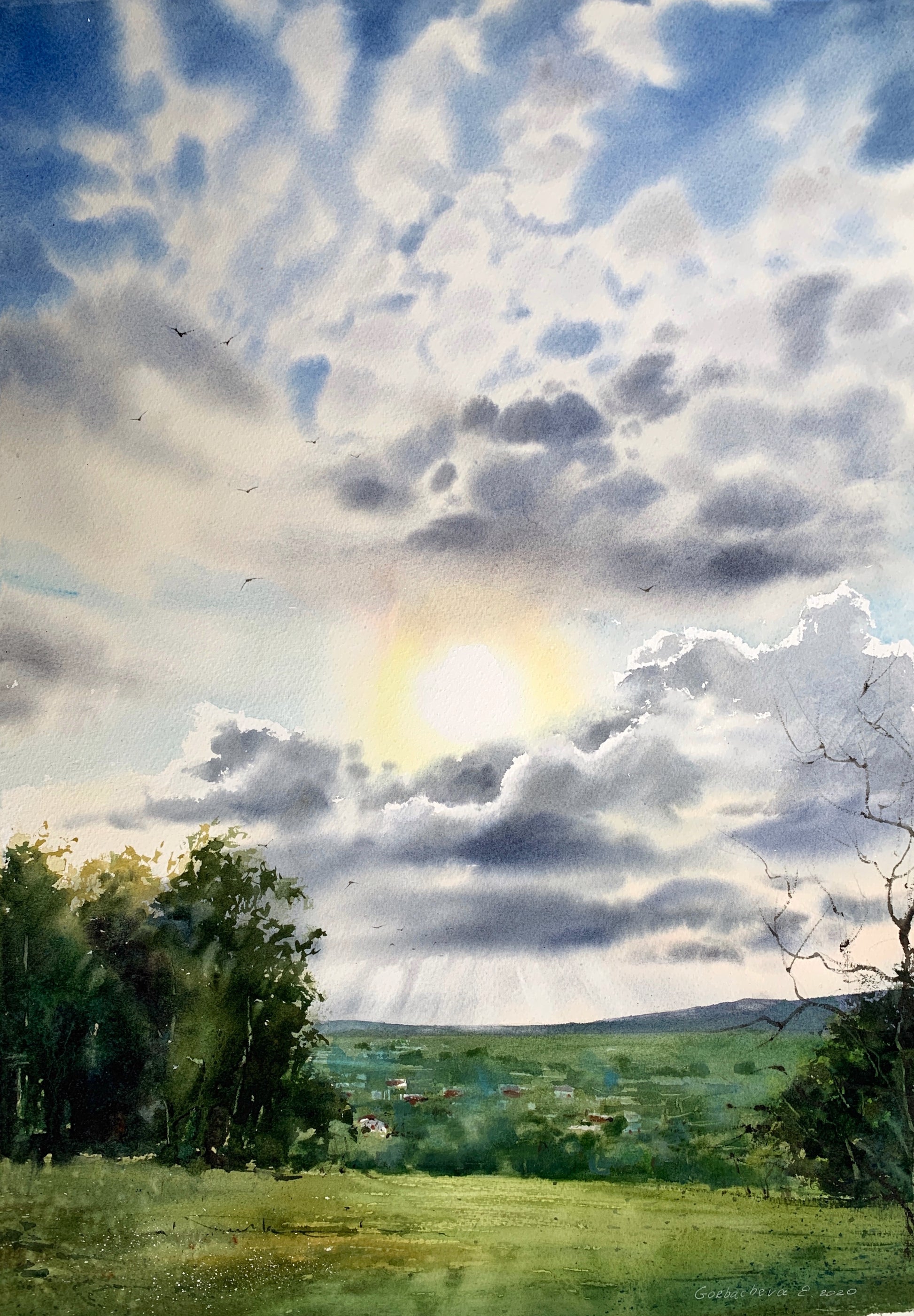 Rural Landscape Painting, Country Field Watercolor Original, Nature Art,  Sunset River Wall Decor, Cloud Sky, Gift