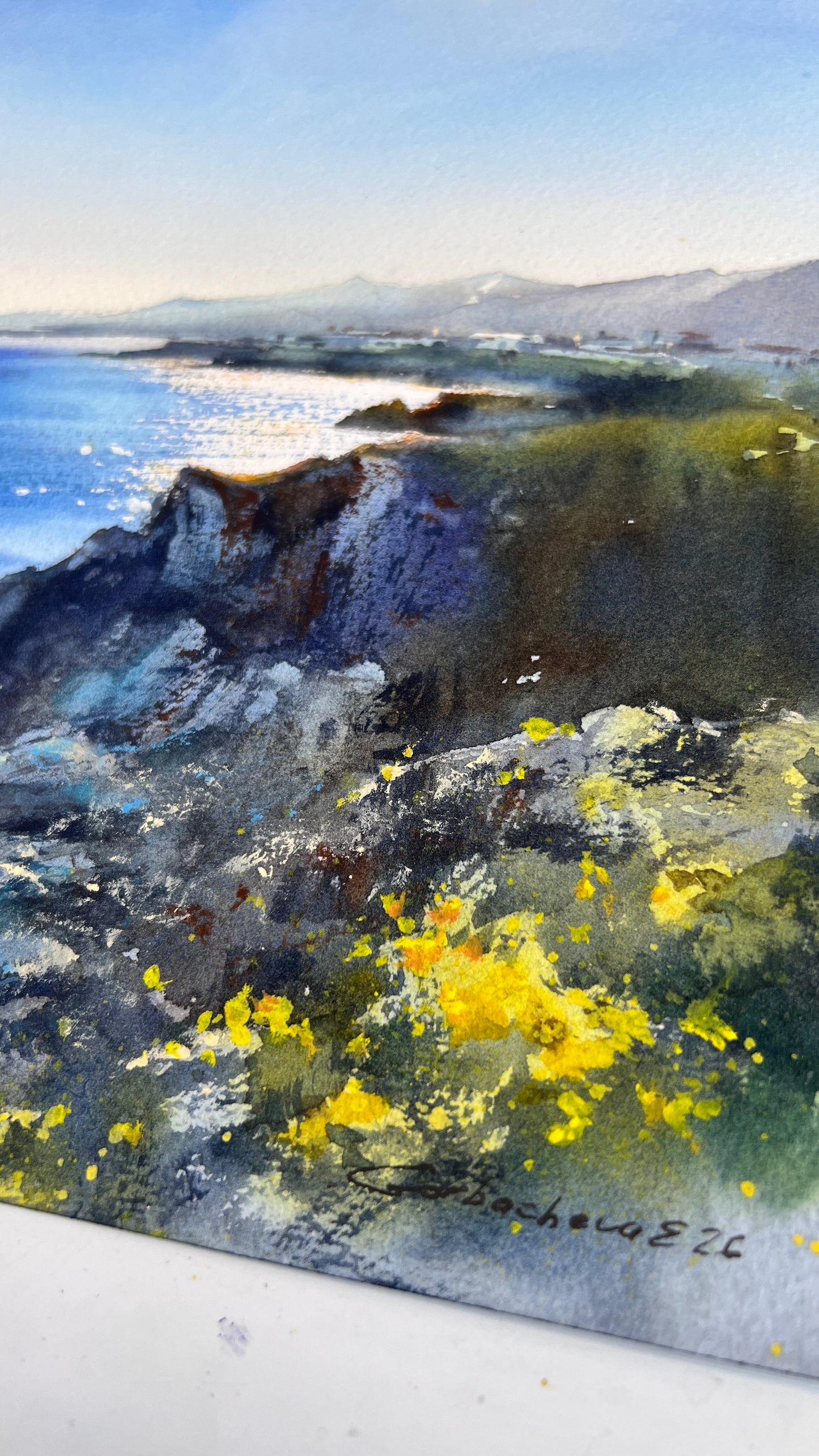Cyprus Coastal Watercolor Painting, Mediterranean Sea Landscape, Cyprus Morning Light 9x12