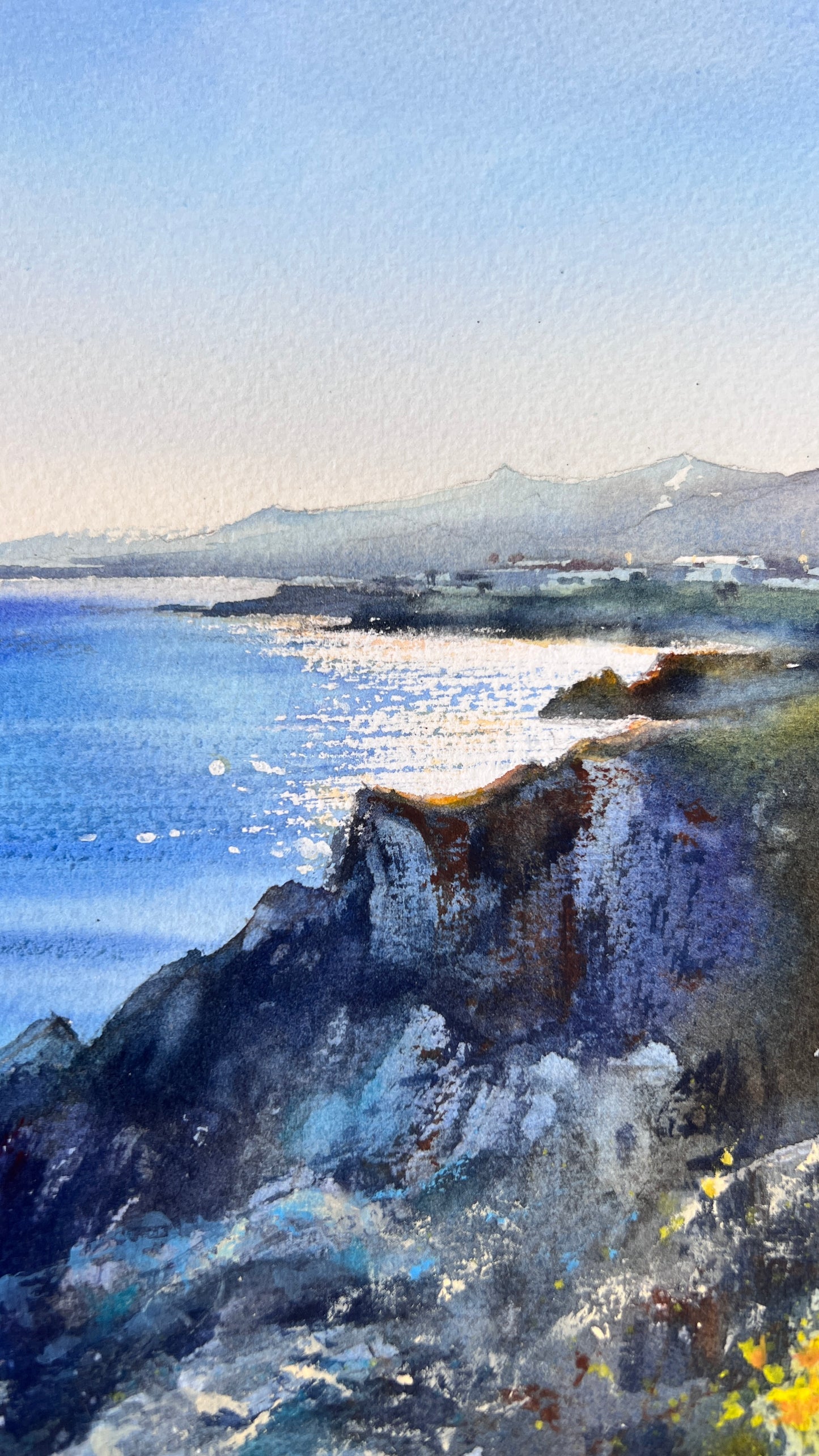 Cyprus Coastal Watercolor Painting, Mediterranean Sea Landscape, Cyprus Morning Light 9x12