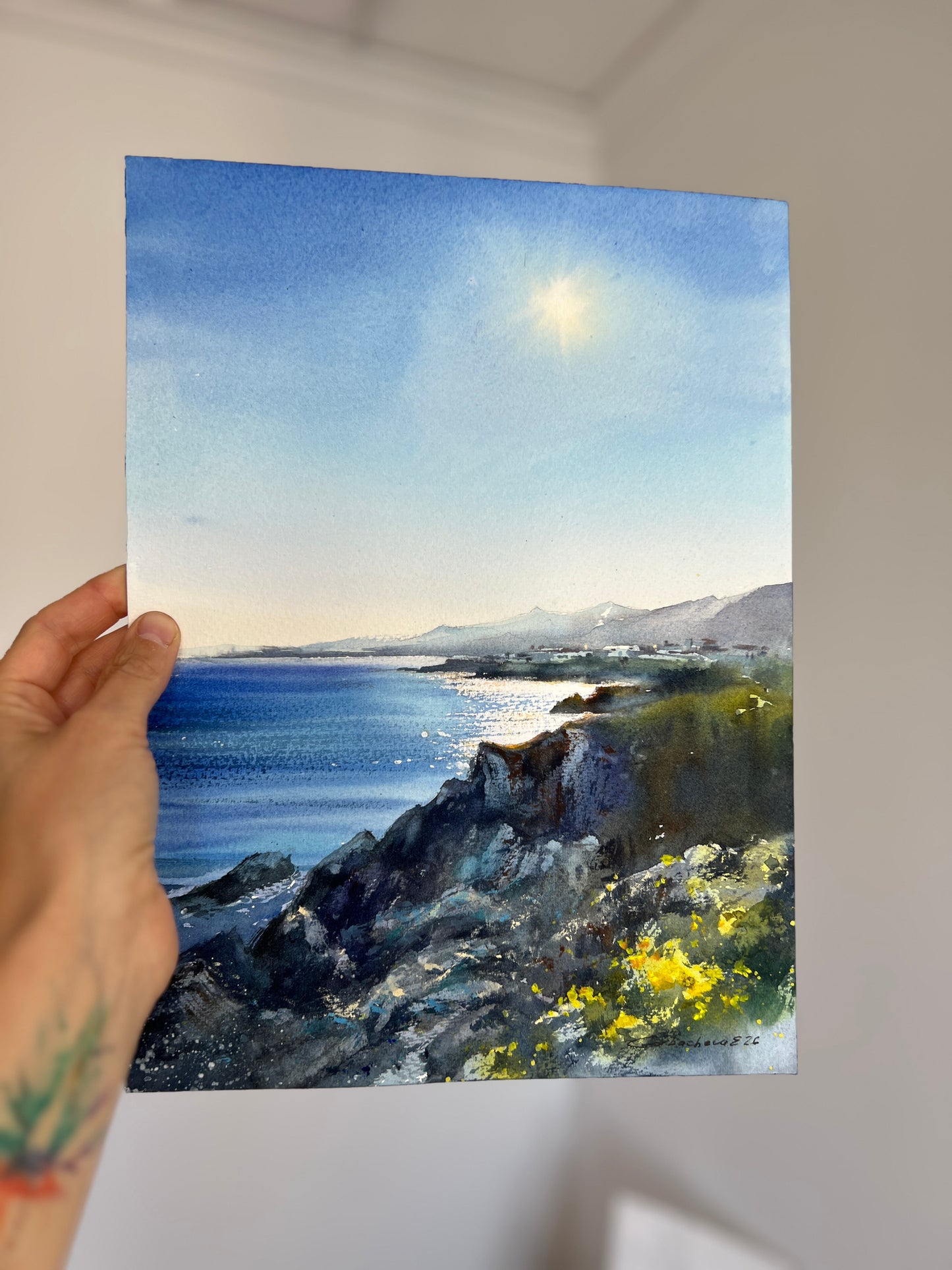 Cyprus Coastal Watercolor Painting, Mediterranean Sea Landscape, Cyprus Morning Light 9x12
