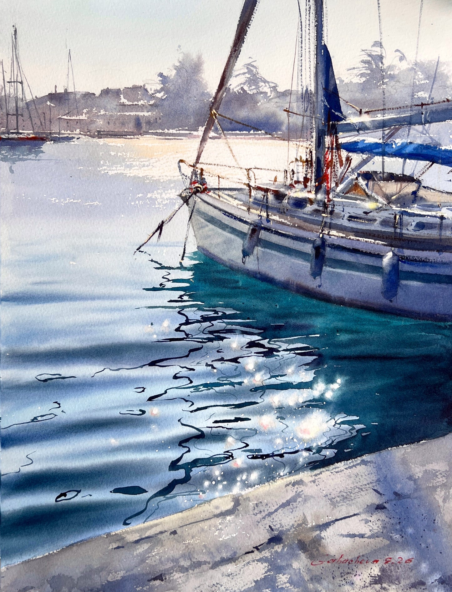 Original Watercolor Sailboat Painting, Marina Seascape, Dancing Reflections 12x16
