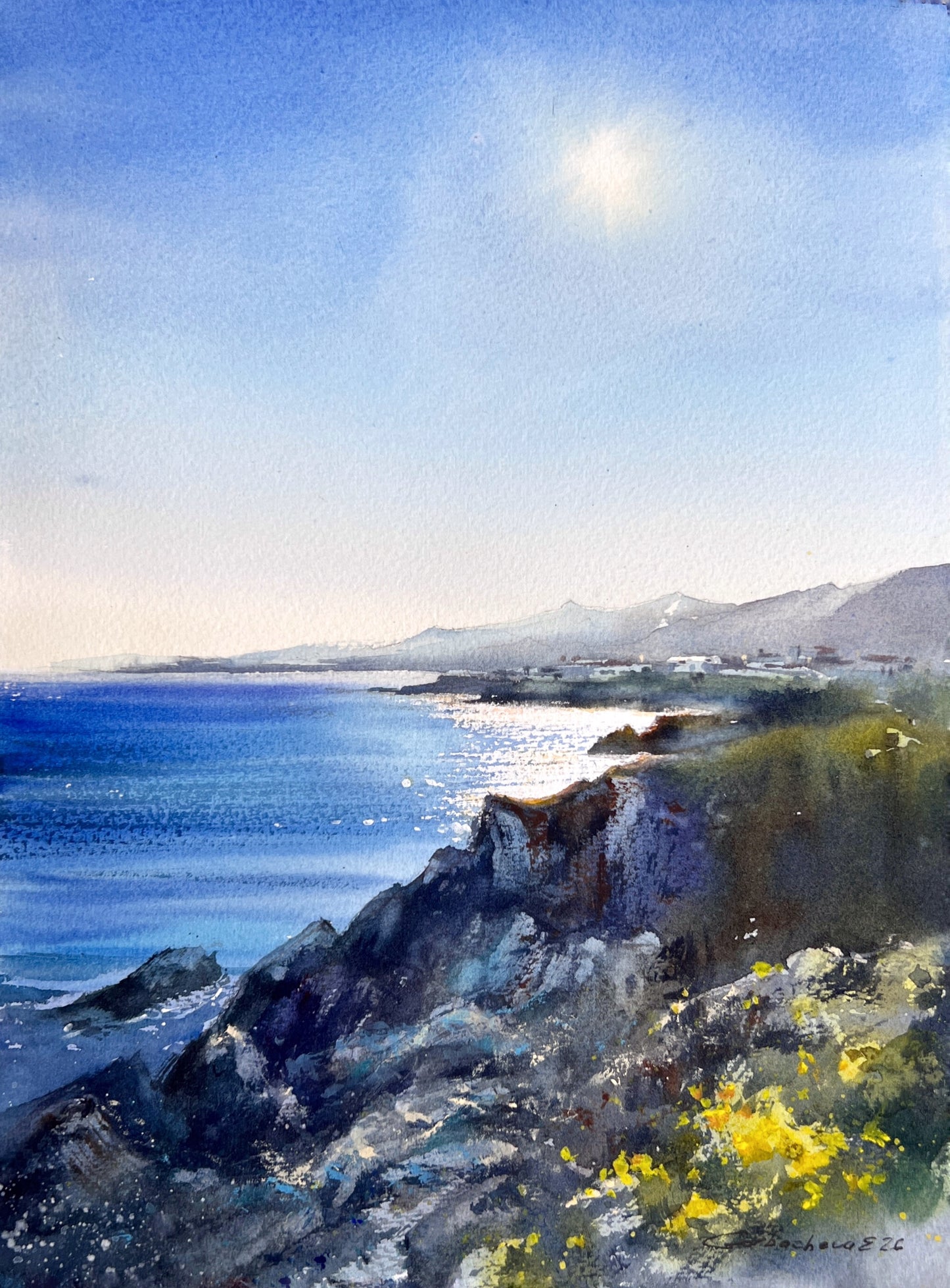 Cyprus Coastal Watercolor Painting, Mediterranean Sea Landscape, Cyprus Morning Light 9x12