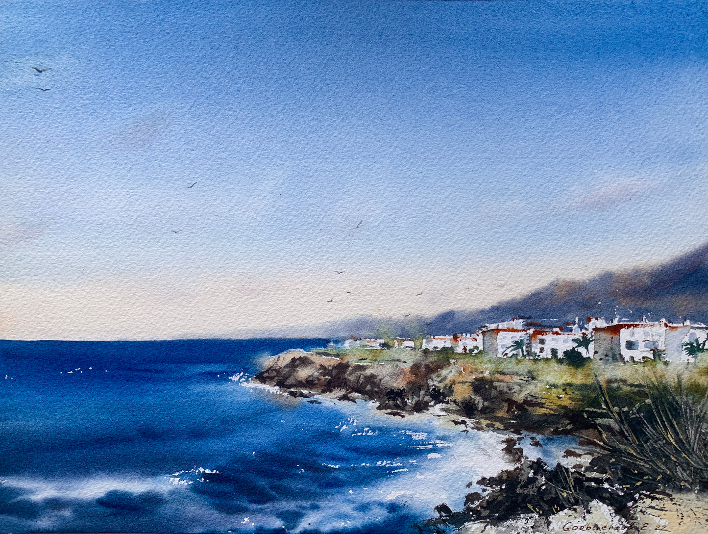 Cyprus Coast Watercolor Painting, Mediterranean Seascape Art, Sea coast Cyprus 9x12