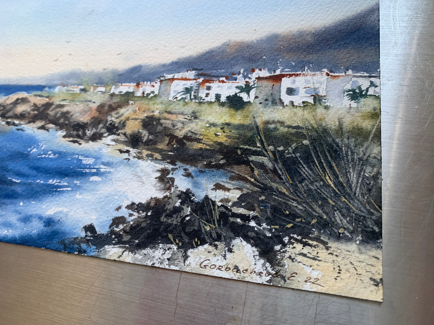 Cyprus Coast Watercolor Painting, Mediterranean Seascape Art, Sea coast Cyprus 9x12