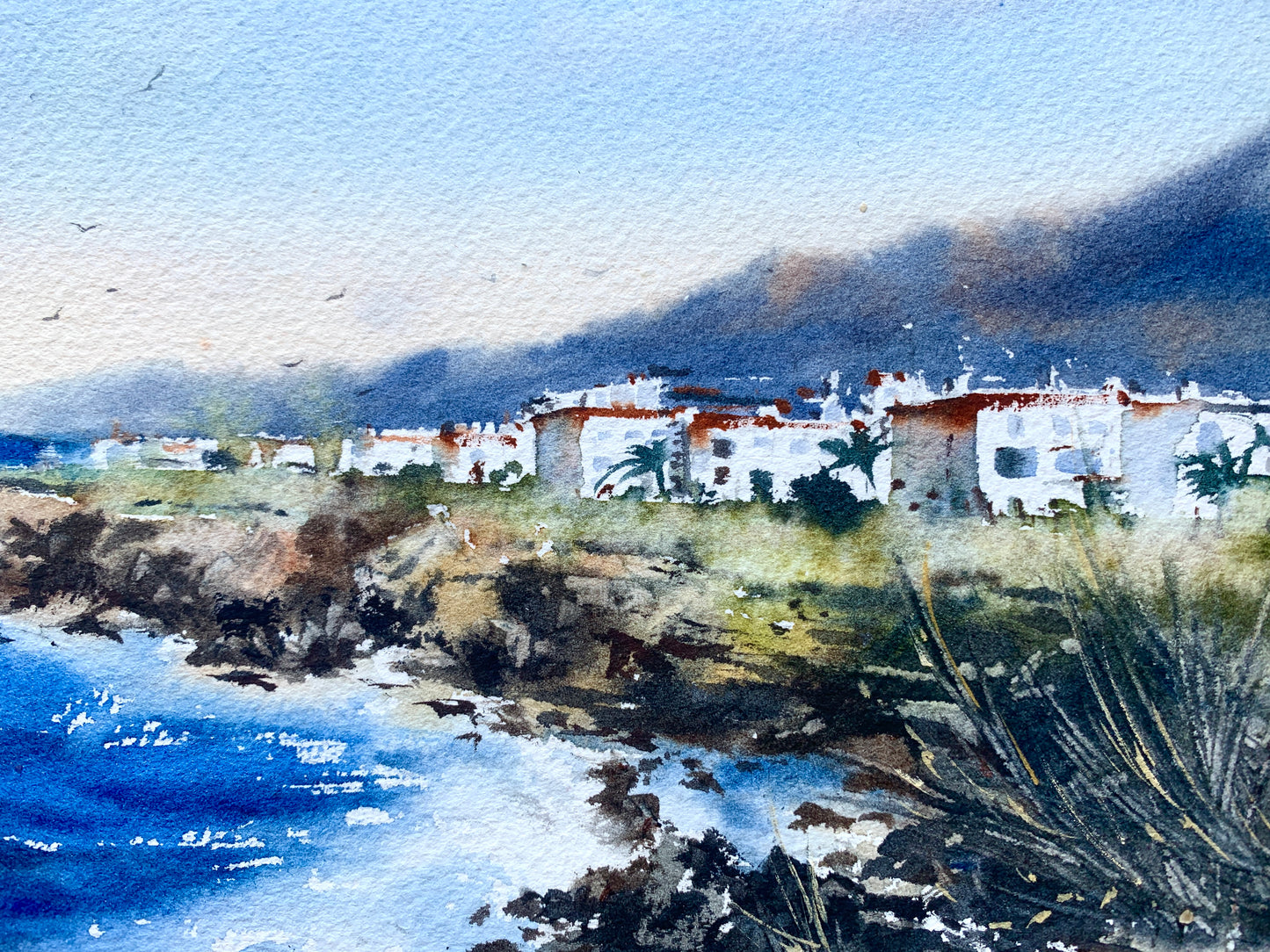 Cyprus Coast Watercolor Painting, Mediterranean Seascape Art, Sea coast Cyprus 9x12