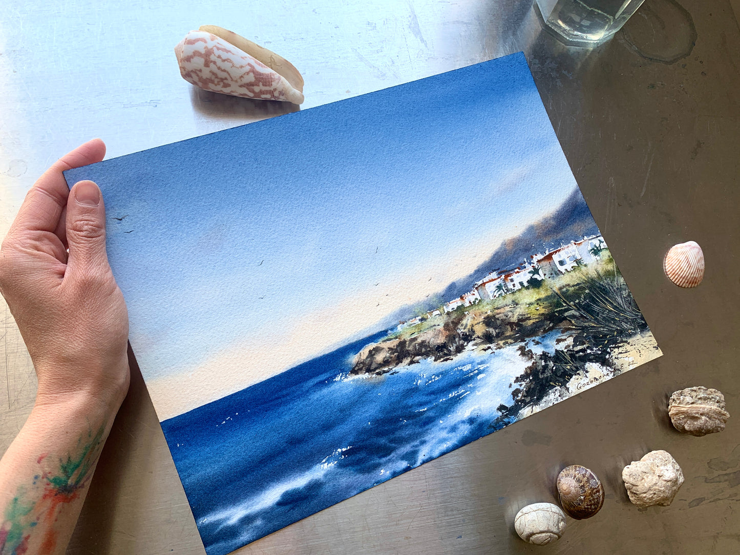 Cyprus Coast Watercolor Painting, Mediterranean Seascape Art, Sea coast Cyprus 9x12