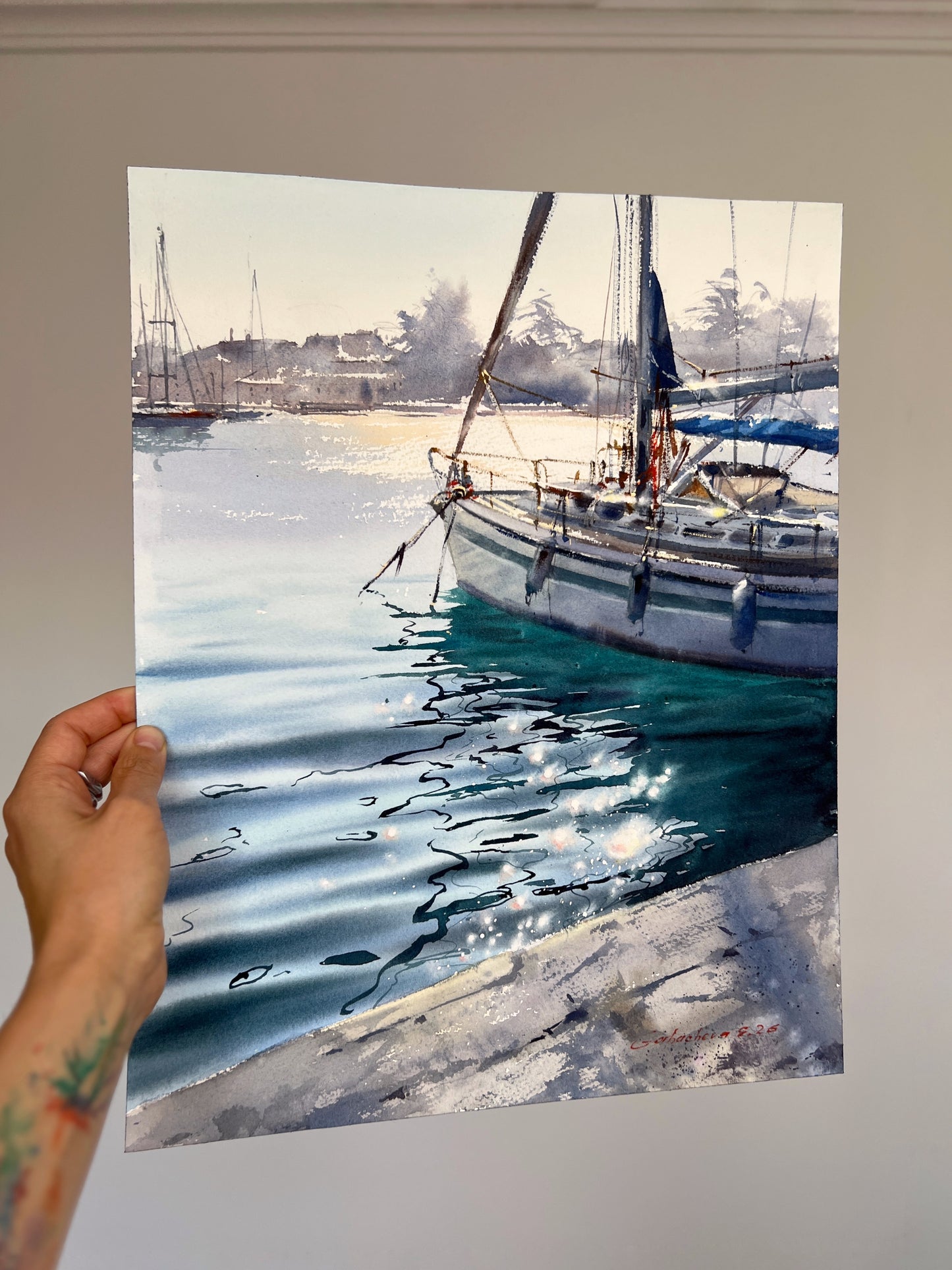 Original Watercolor Sailboat Painting, Marina Seascape, Dancing Reflections 12x16