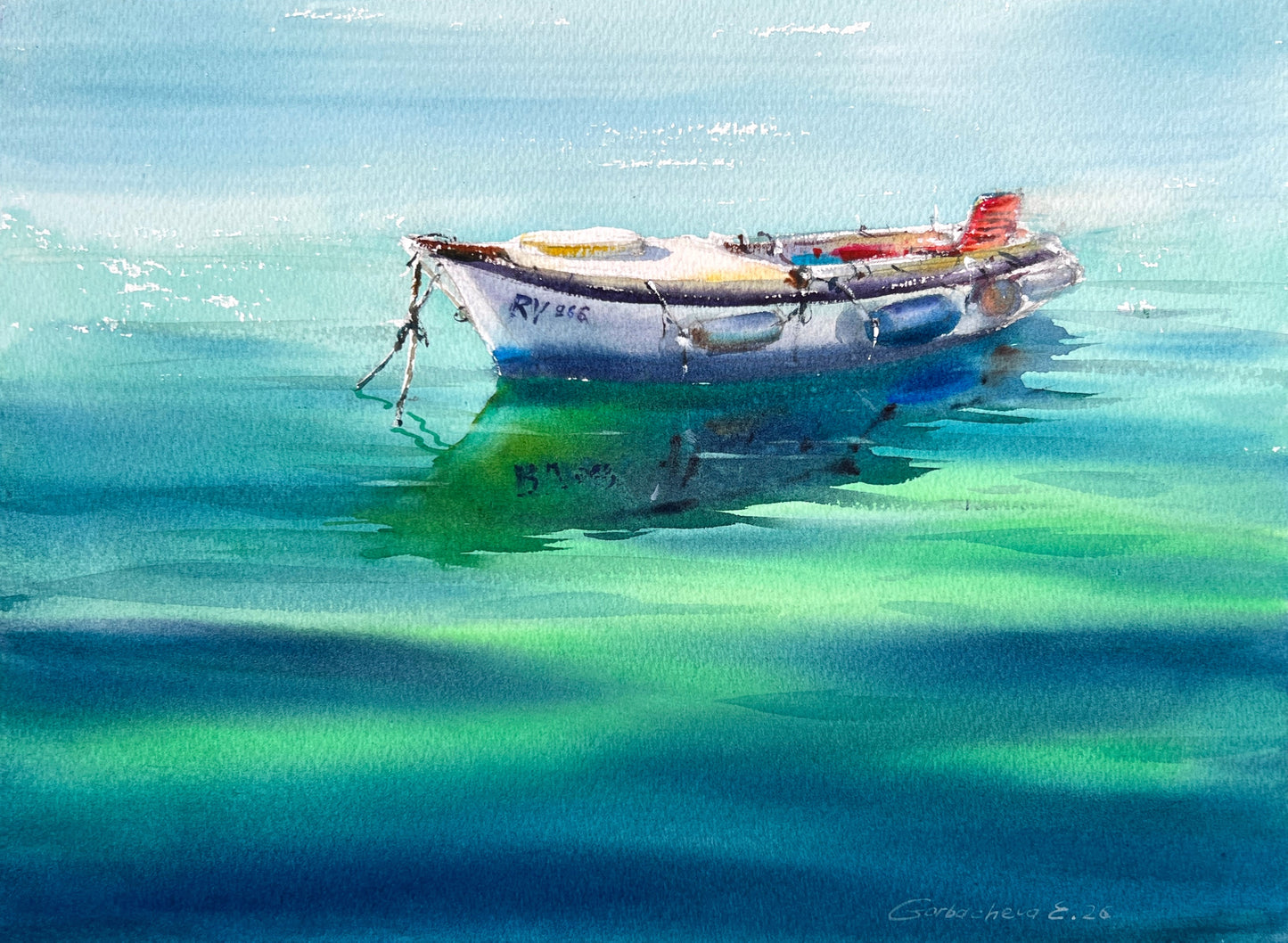Motorboat Painting Watercolor Original,  Fishing Boat, Boat in the Emerald Silence 9x12