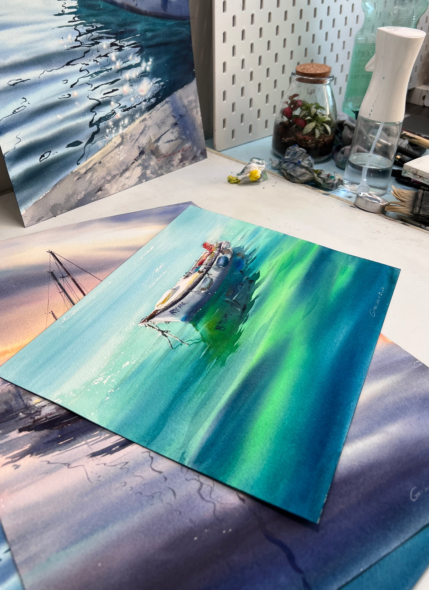Motorboat Painting Watercolor Original,  Fishing Boat, Boat in the Emerald Silence 9x12