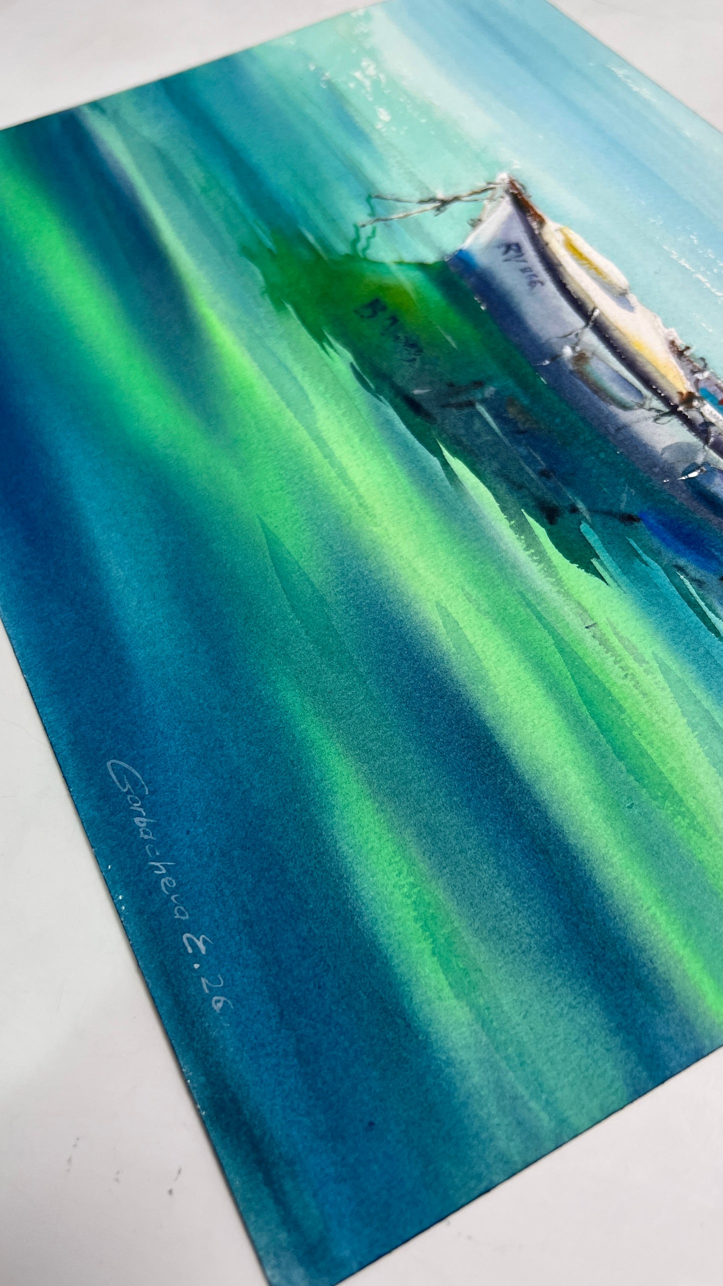 Motorboat Painting Watercolor Original,  Fishing Boat, Boat in the Emerald Silence 9x12