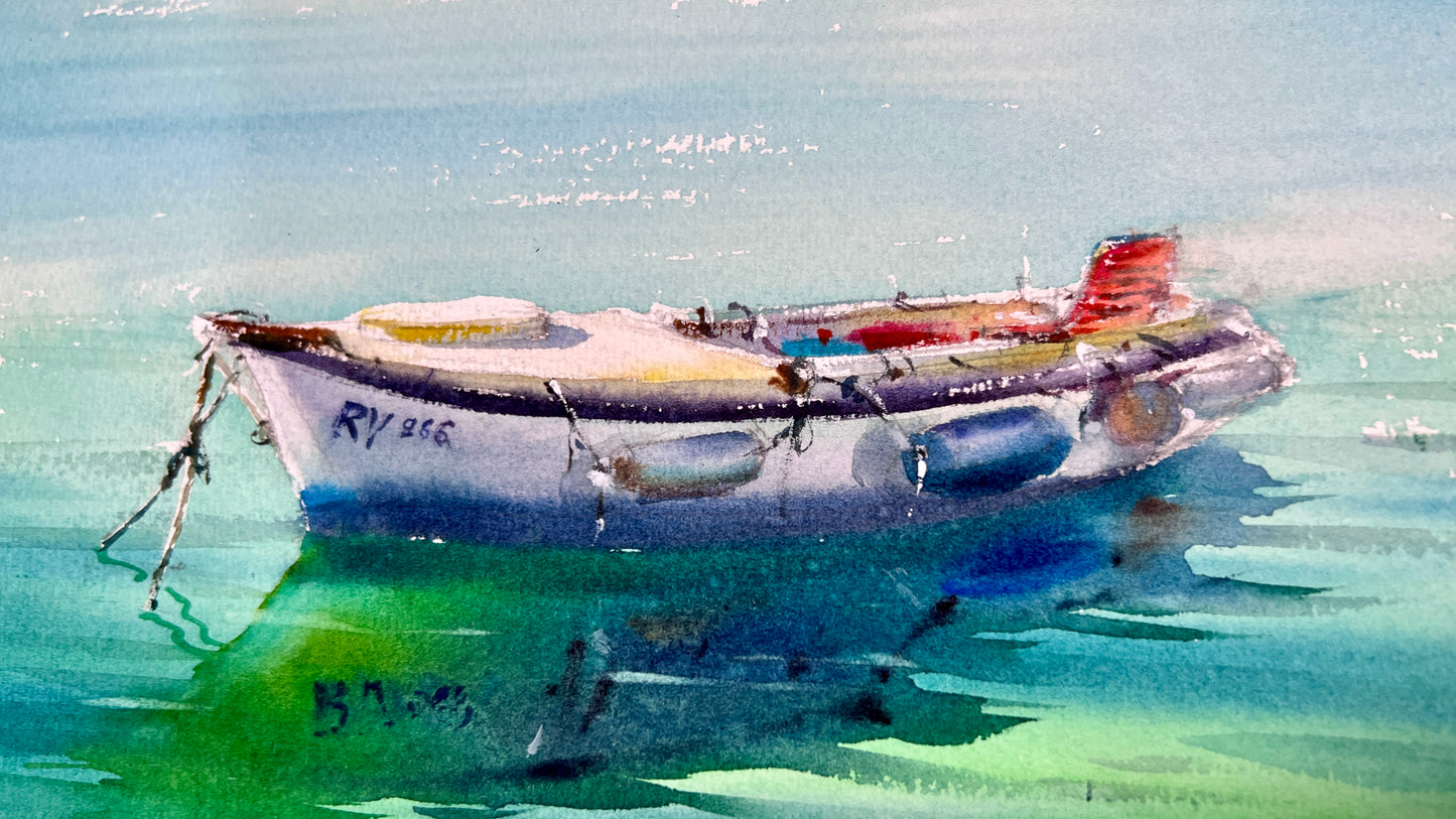 Motorboat Painting Watercolor Original,  Fishing Boat, Boat in the Emerald Silence 9x12