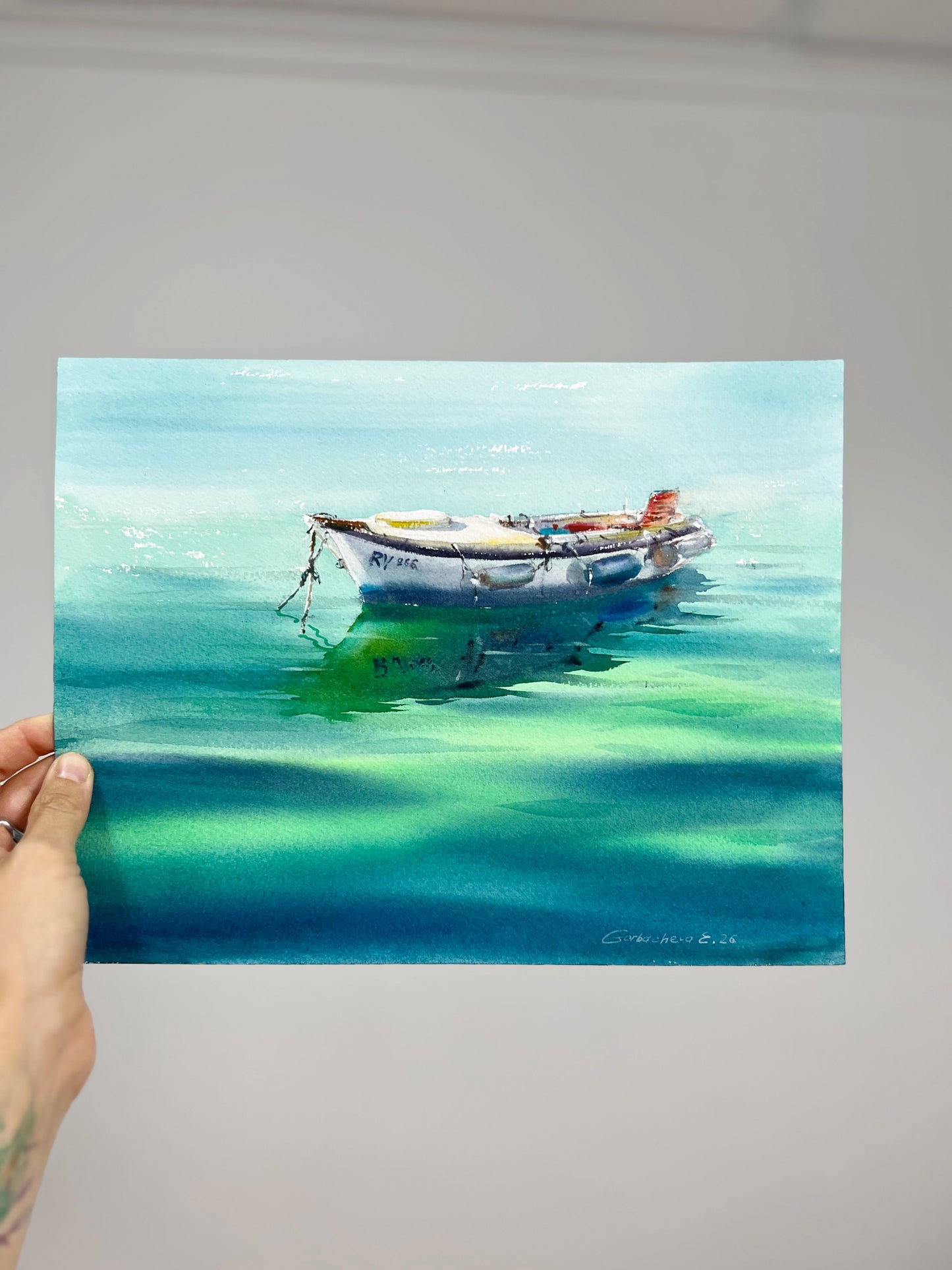 Motorboat Painting Watercolor Original,  Fishing Boat, Boat in the Emerald Silence 9x12