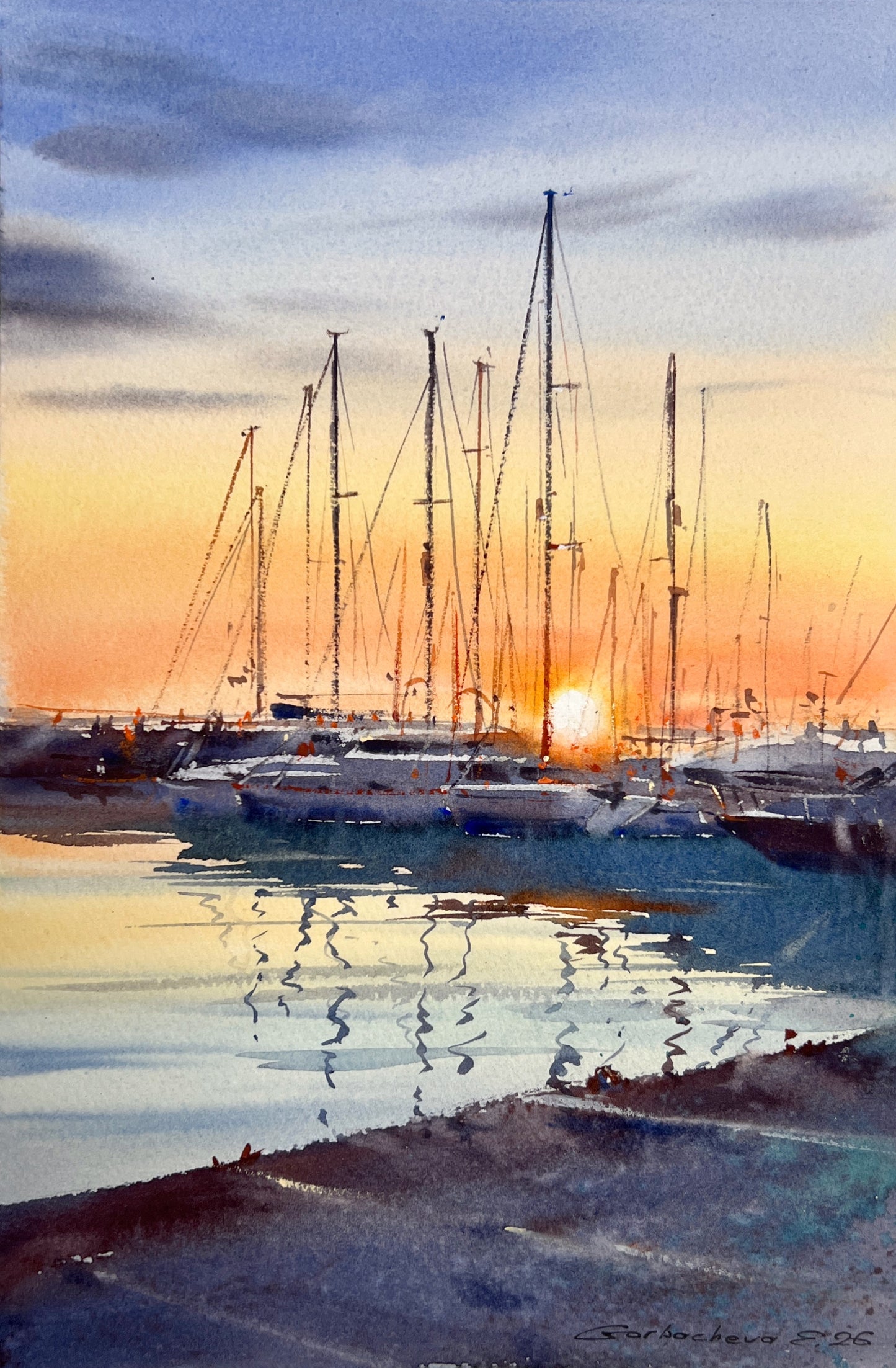 Sunset Harbor Watercolor Painting, Sailing Yacht Mast Wall Art, Silent Sunset Marina 8x12