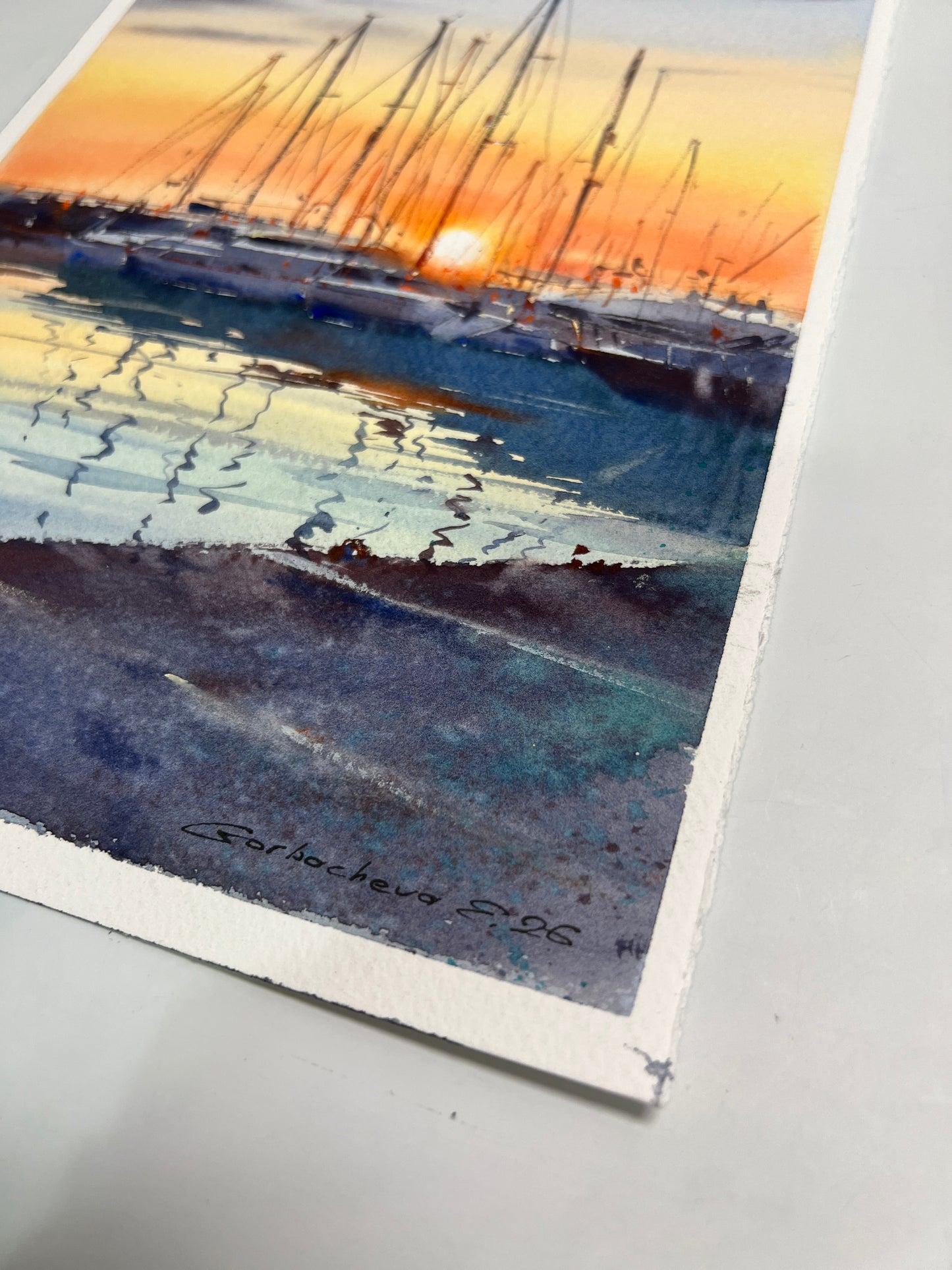 Sunset Harbor Watercolor Painting, Sailing Yacht Mast Wall Art, Silent Sunset Marina 8x12